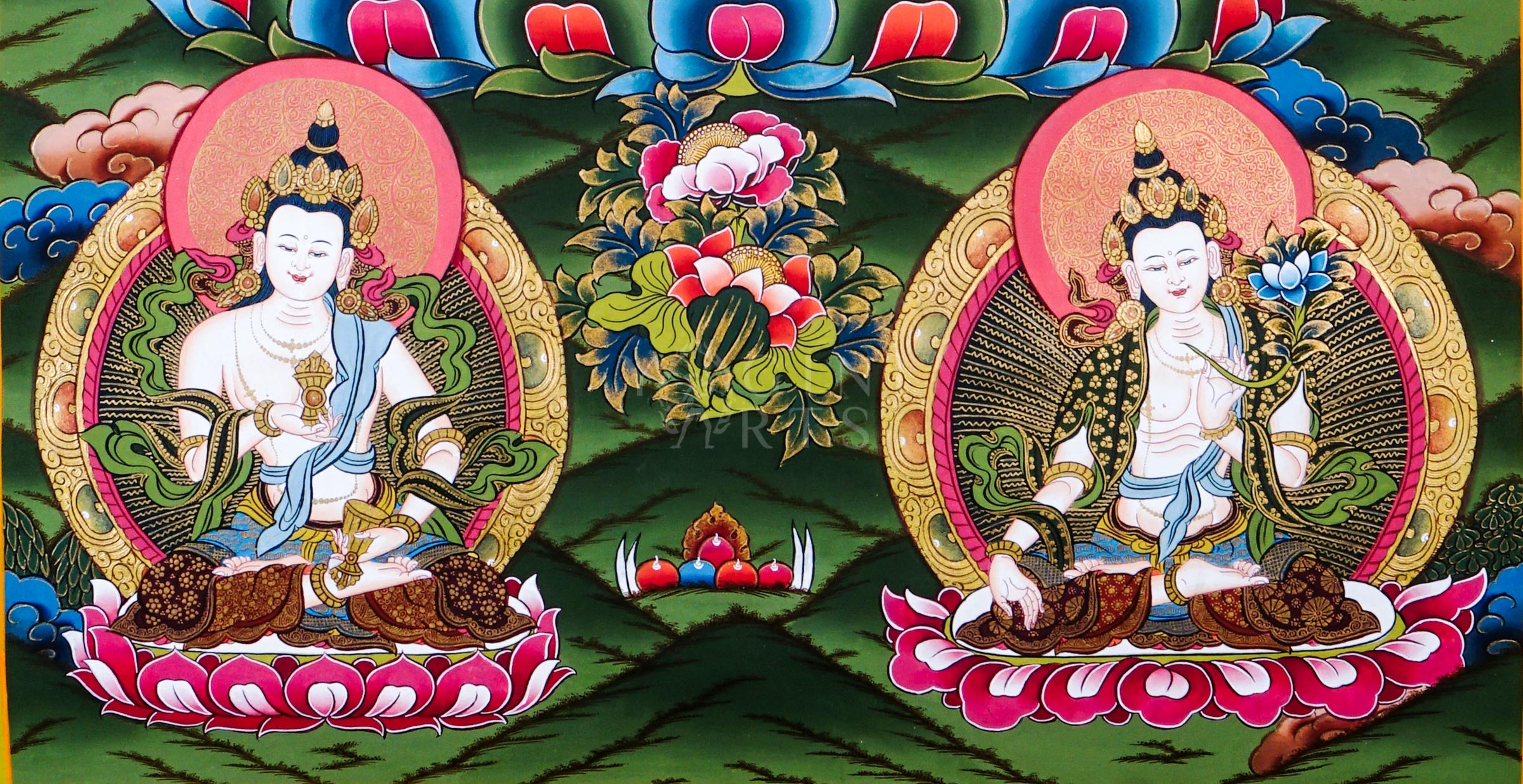Dari Rulai thangka featuring a peaceful white Buddhist deity surrounded by Amitabha Buddha, Medicine Buddha, lotus flowers, and sacred Himalayan symbolism