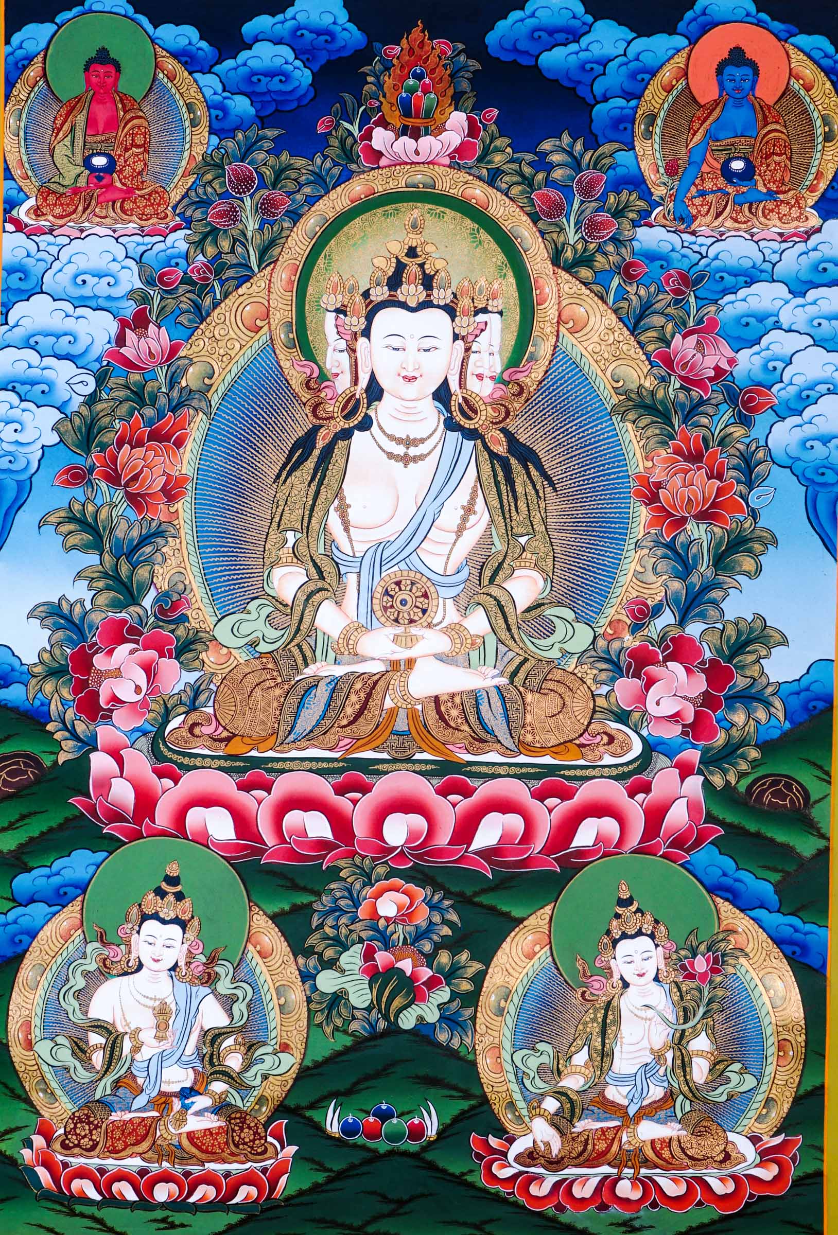 Dari Rulai thangka featuring a peaceful multi-faced white Buddhist deity holding a Dharma wheel surrounded by Amitabha Buddha, Medicine Buddha, lotus flowers, and sacred Himalayan symbolism
