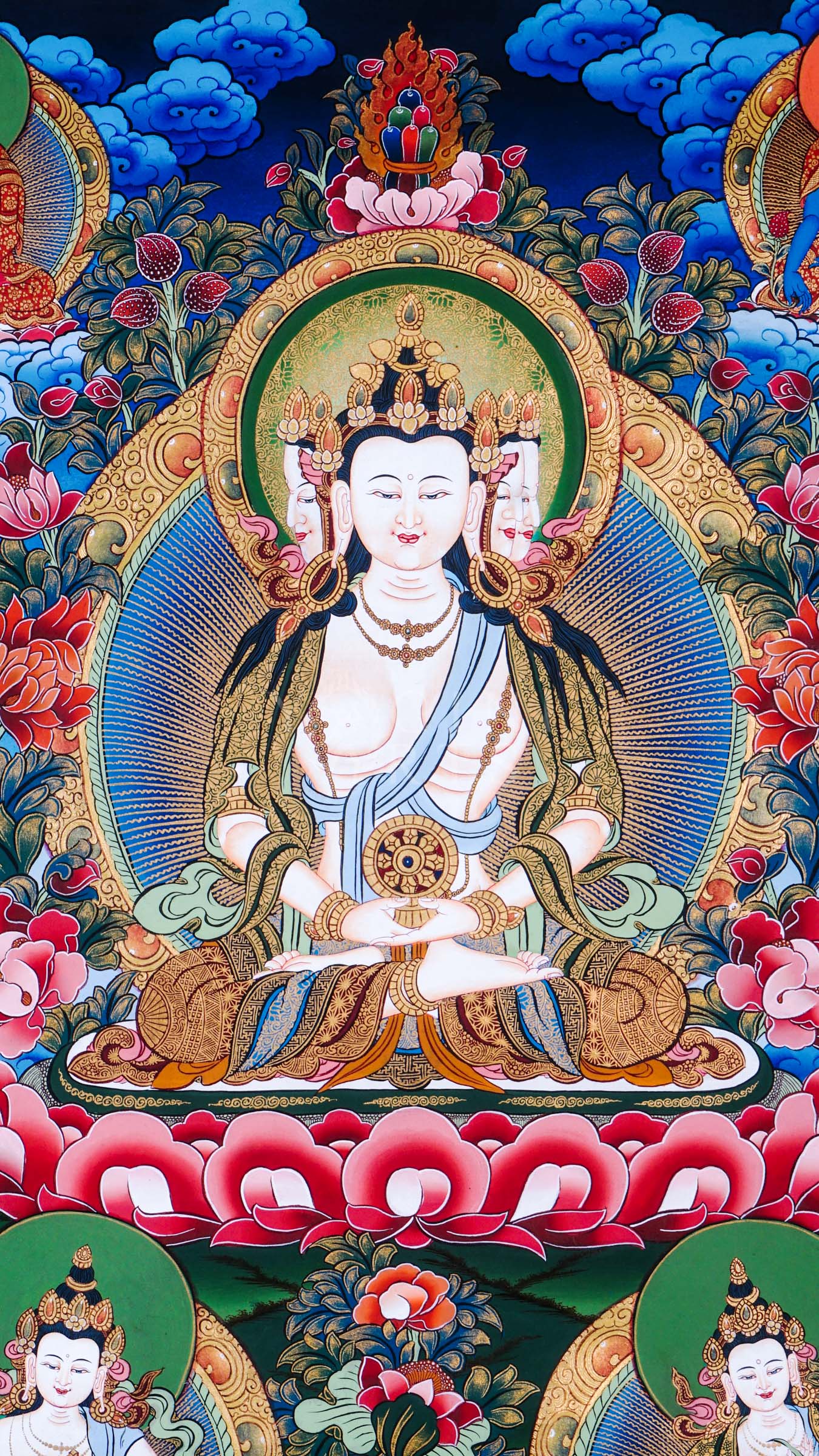 Dari Rulai thangka featuring a peaceful multi-faced white Buddhist deity holding a Dharma wheel surrounded by Amitabha Buddha, Medicine Buddha, lotus flowers, and sacred Himalayan symbolism
