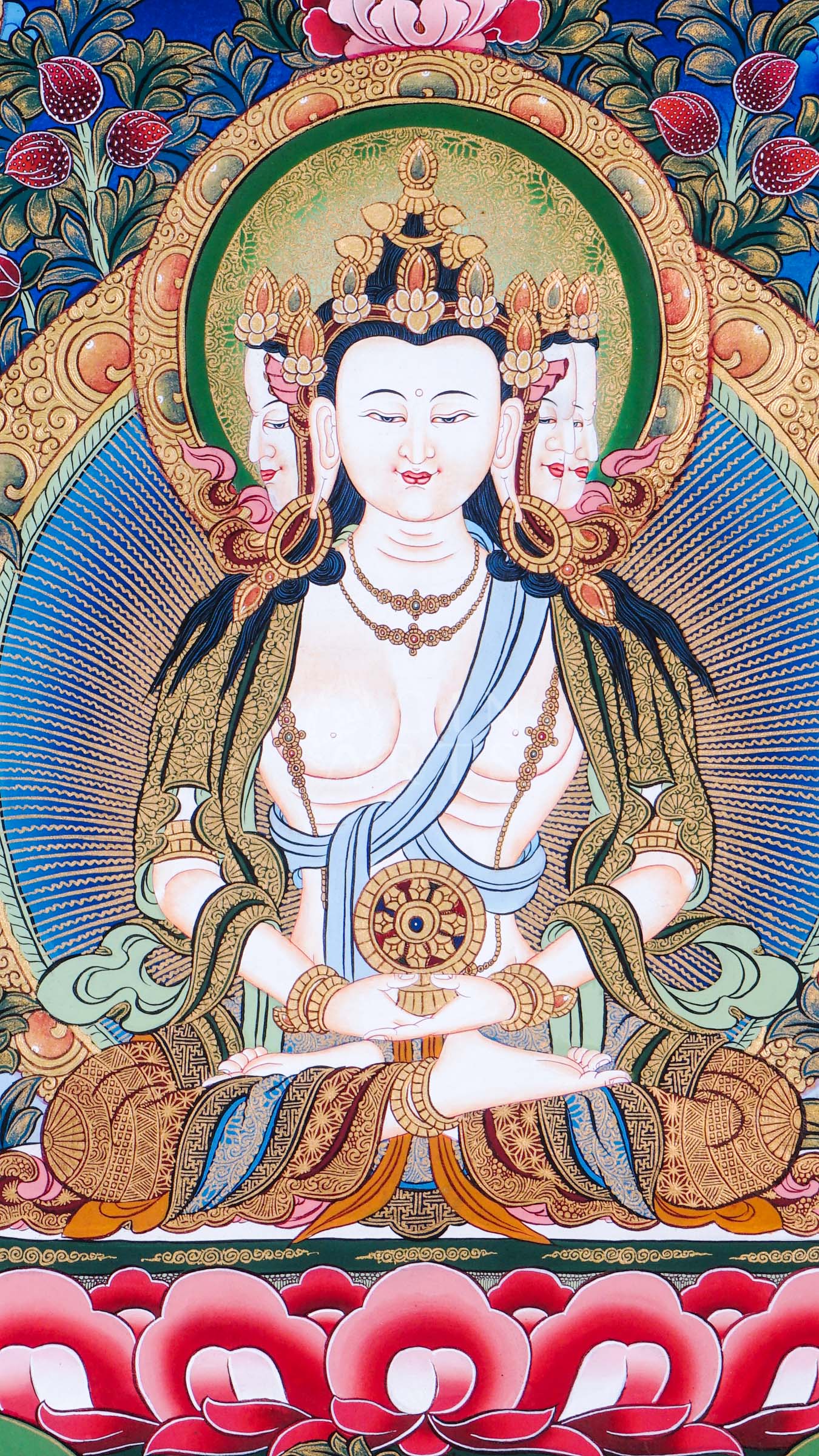 Dari Rulai thangka featuring a peaceful multi-faced white Buddhist deity holding a Dharma wheel surrounded by Amitabha Buddha, Medicine Buddha, lotus flowers, and sacred Himalayan symbolism