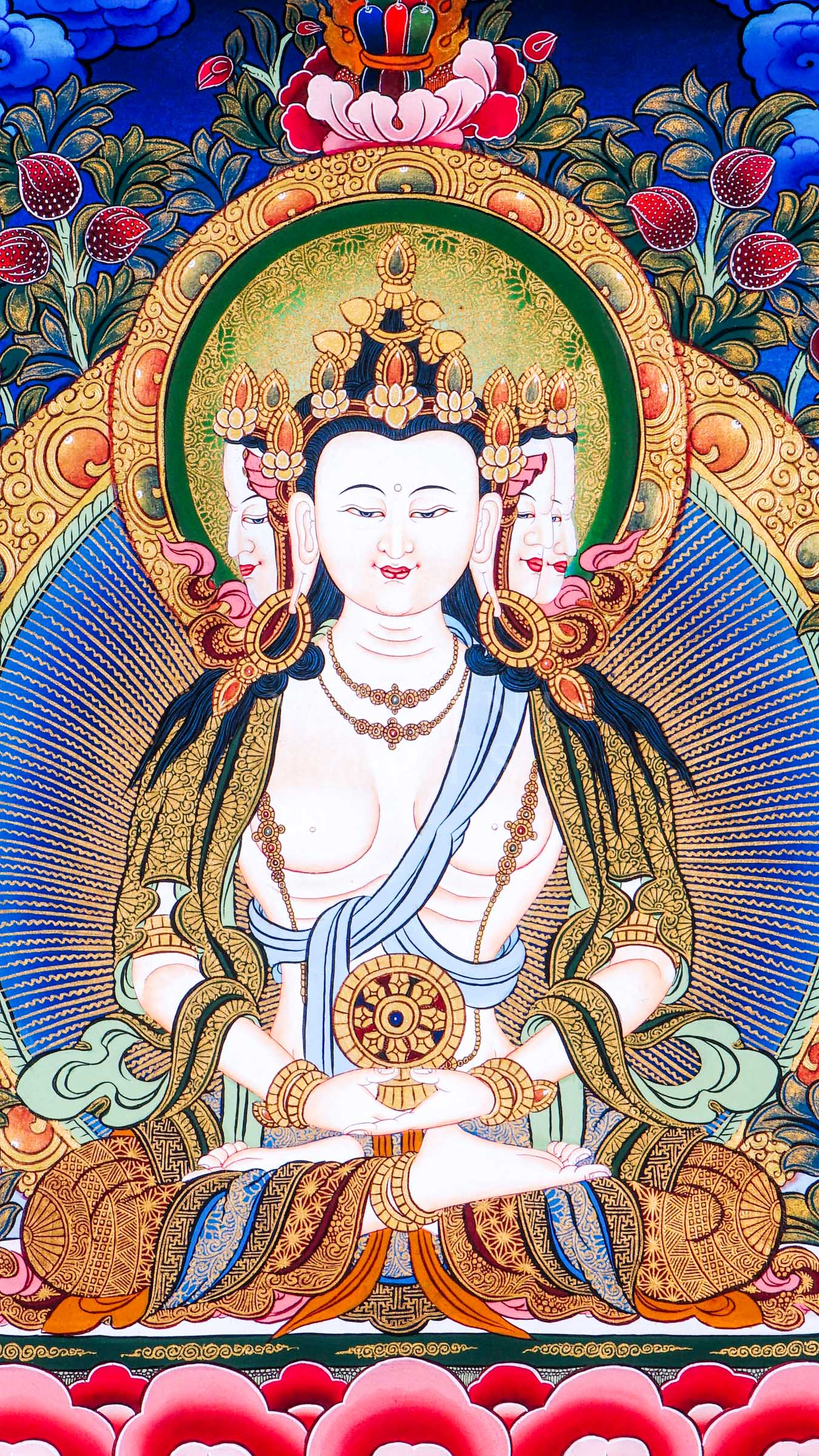 Dari Rulai thangka featuring a peaceful multi-faced white Buddhist deity holding a Dharma wheel surrounded by Amitabha Buddha, Medicine Buddha, lotus flowers, and sacred Himalayan symbolism