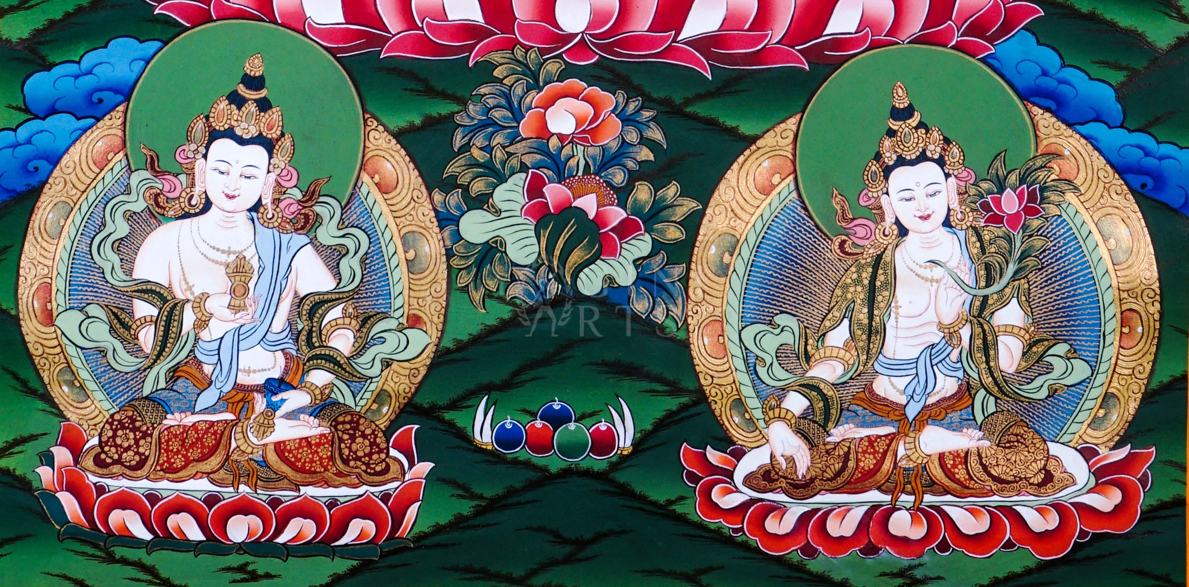 Dari Rulai thangka featuring a peaceful multi-faced white Buddhist deity holding a Dharma wheel surrounded by Amitabha Buddha, Medicine Buddha, lotus flowers, and sacred Himalayan symbolism