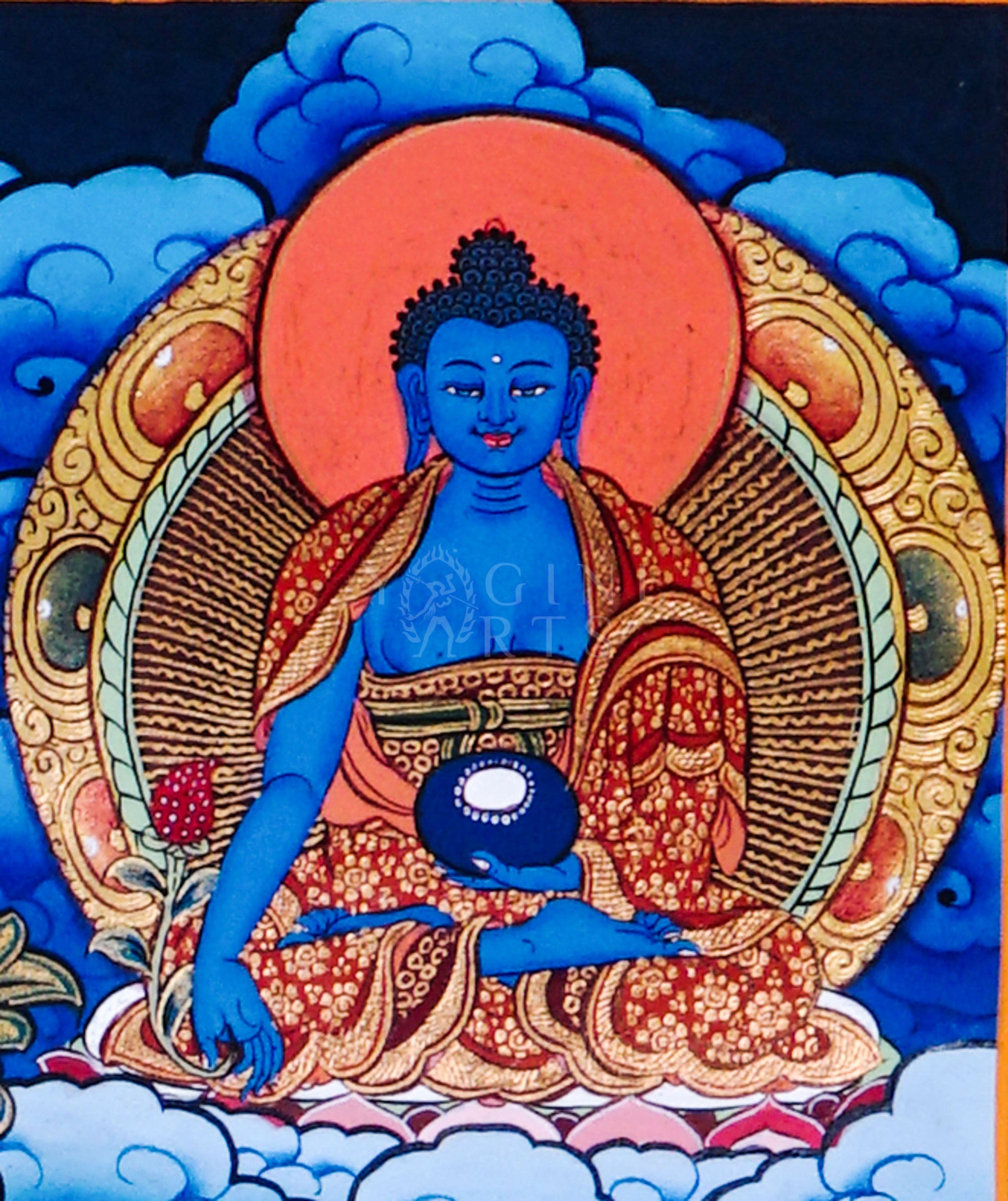 Dari Rulai thangka featuring a peaceful multi-faced white Buddhist deity holding a Dharma wheel surrounded by Amitabha Buddha, Medicine Buddha, lotus flowers, and sacred Himalayan symbolism