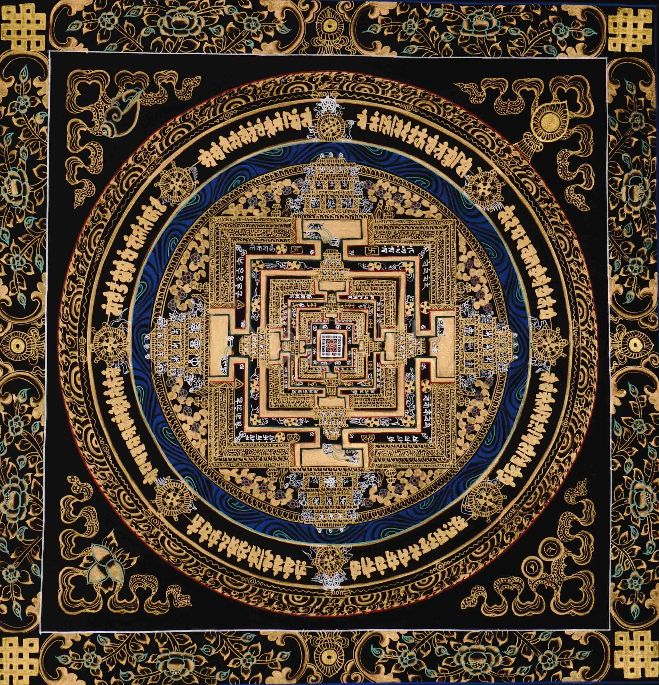 Hand painted black and gold Kalachakra Mandala thangka depicting Tibetan Wheel of Time sacred palace with concentric mantra rings