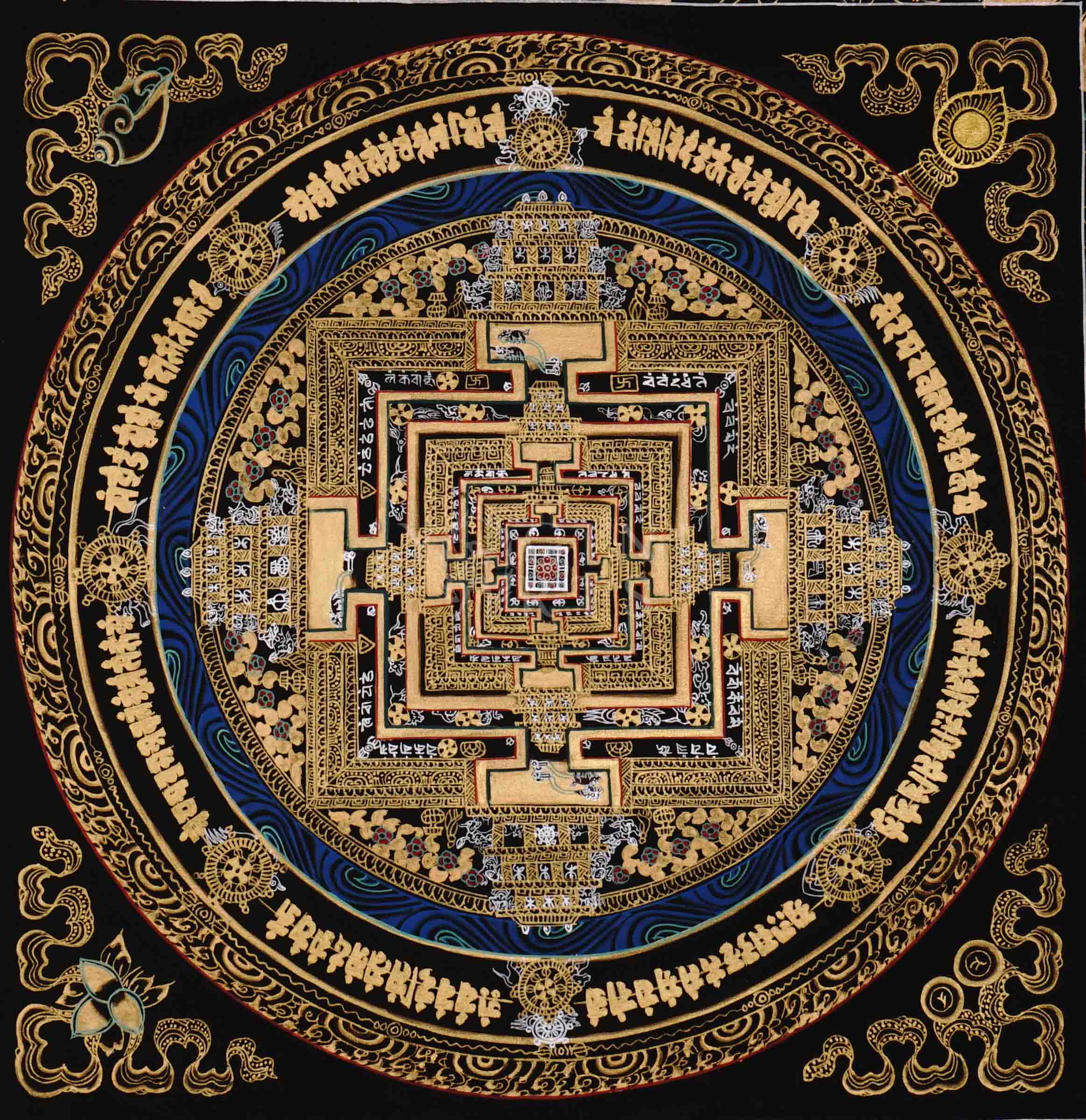 Hand painted black and gold Kalachakra Mandala thangka depicting Tibetan Wheel of Time sacred palace with concentric mantra rings