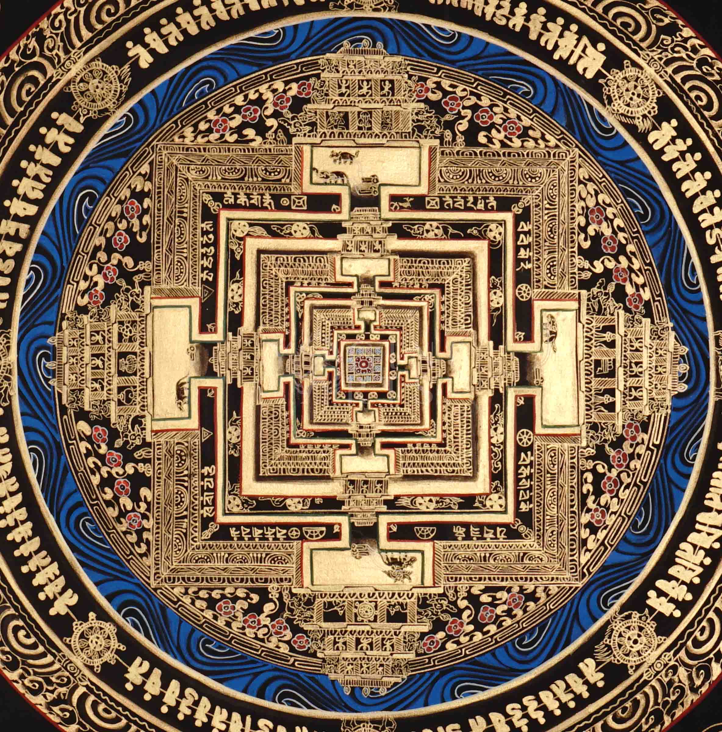 Hand painted black and gold Kalachakra Mandala thangka with blue concentric rings and Tibetan mantra inscriptions