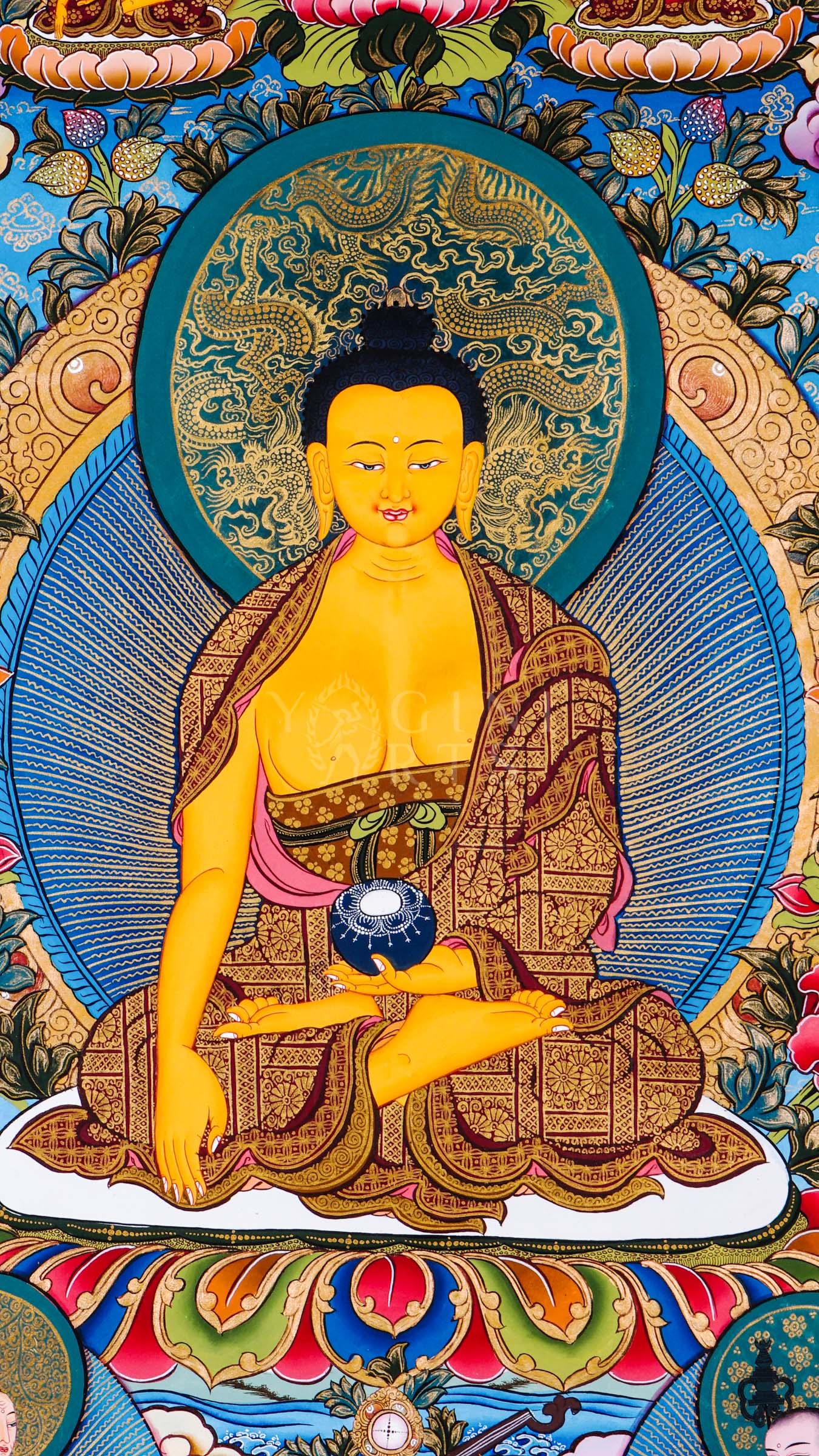 Shakyamuni Buddha thangka featuring the historical Buddha seated on a lotus throne surrounded by Five Dhyani Buddhas, lotus flowers, disciples, and sacred Himalayan symbolism