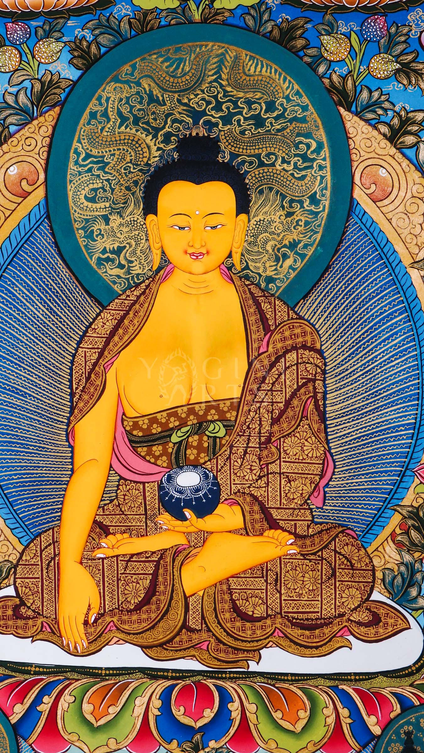 Shakyamuni Buddha thangka featuring the historical Buddha seated on a lotus throne surrounded by Five Dhyani Buddhas, lotus flowers, disciples, and sacred Himalayan symbolism