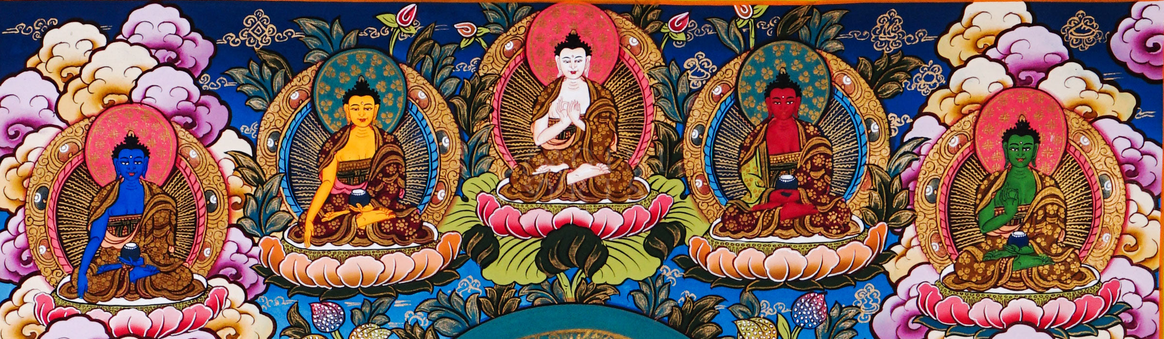 Shakyamuni Buddha thangka featuring the historical Buddha seated on a lotus throne surrounded by Five Dhyani Buddhas, lotus flowers, disciples, and sacred Himalayan symbolism