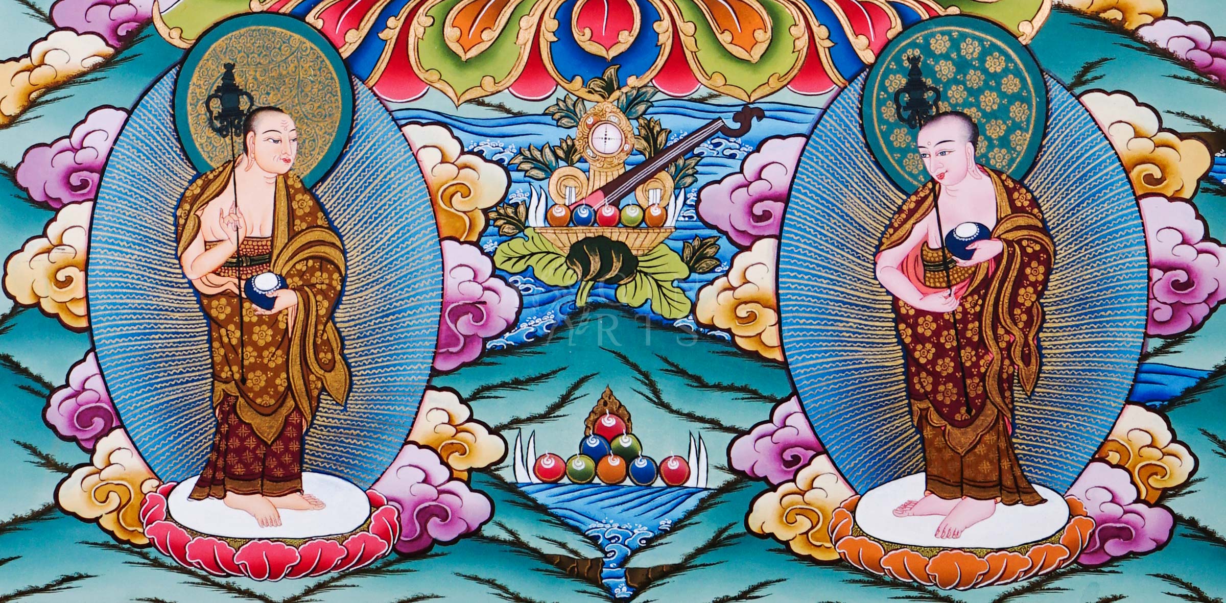Shakyamuni Buddha thangka featuring the historical Buddha seated on a lotus throne surrounded by Five Dhyani Buddhas, lotus flowers, disciples, and sacred Himalayan symbolism