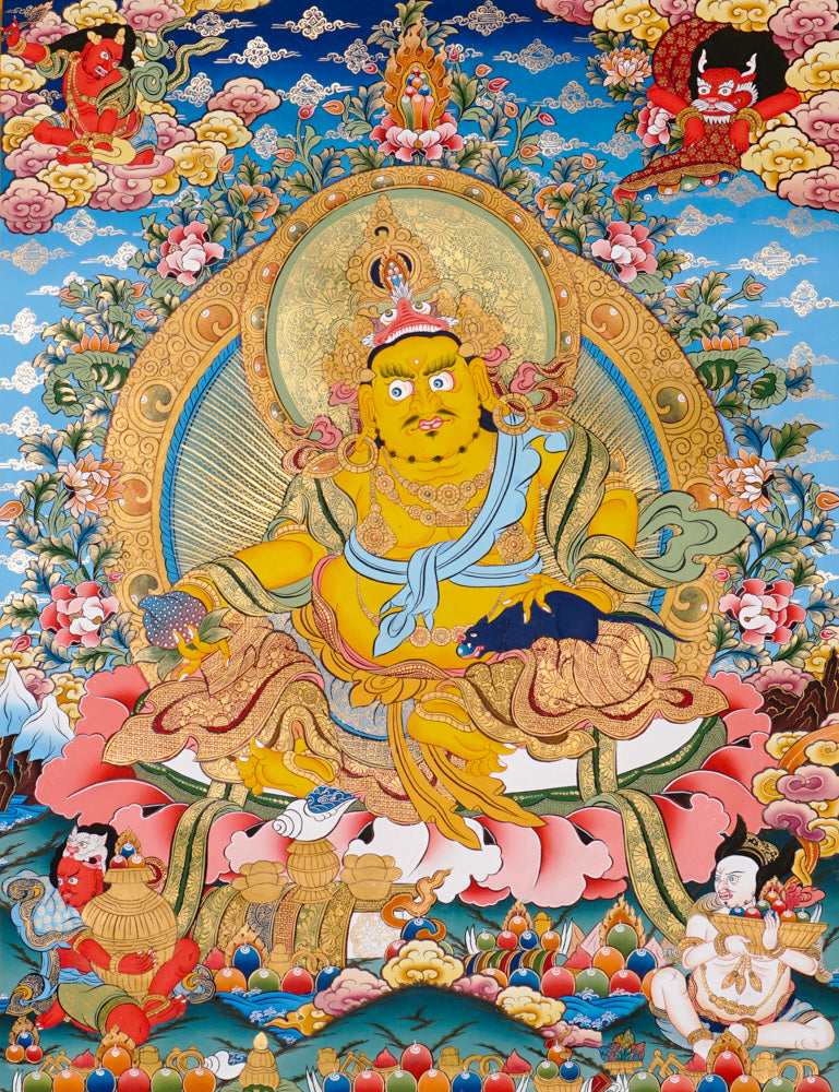 Hand-painted Yellow Zambhala thangka showing wealth deity with mongoose, fruit, and treasure offerings.