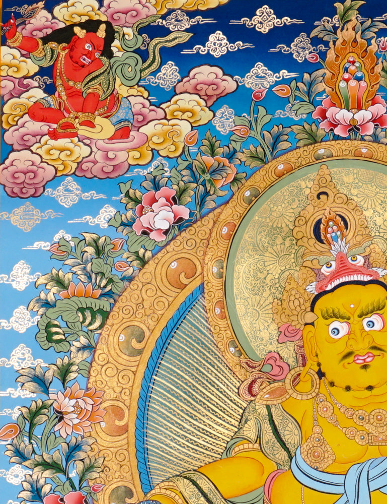 Hand-painted Yellow Zambhala thangka showing wealth deity with mongoose, fruit, and treasure offerings.