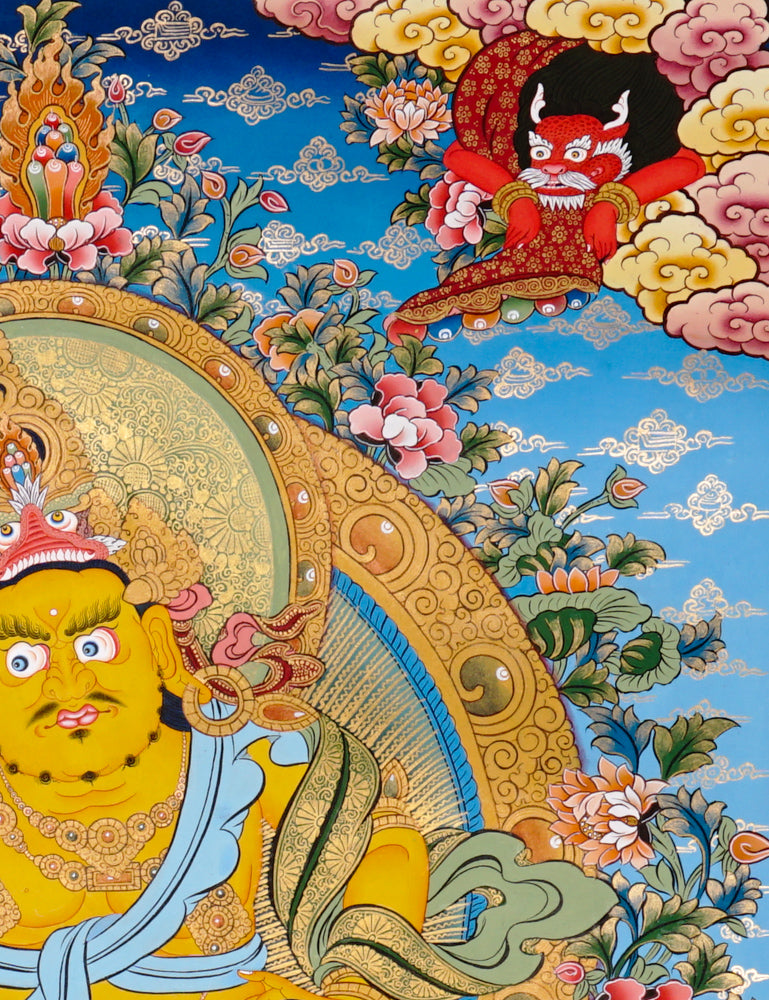 Hand-painted Yellow Zambhala thangka showing wealth deity with mongoose, fruit, and treasure offerings.