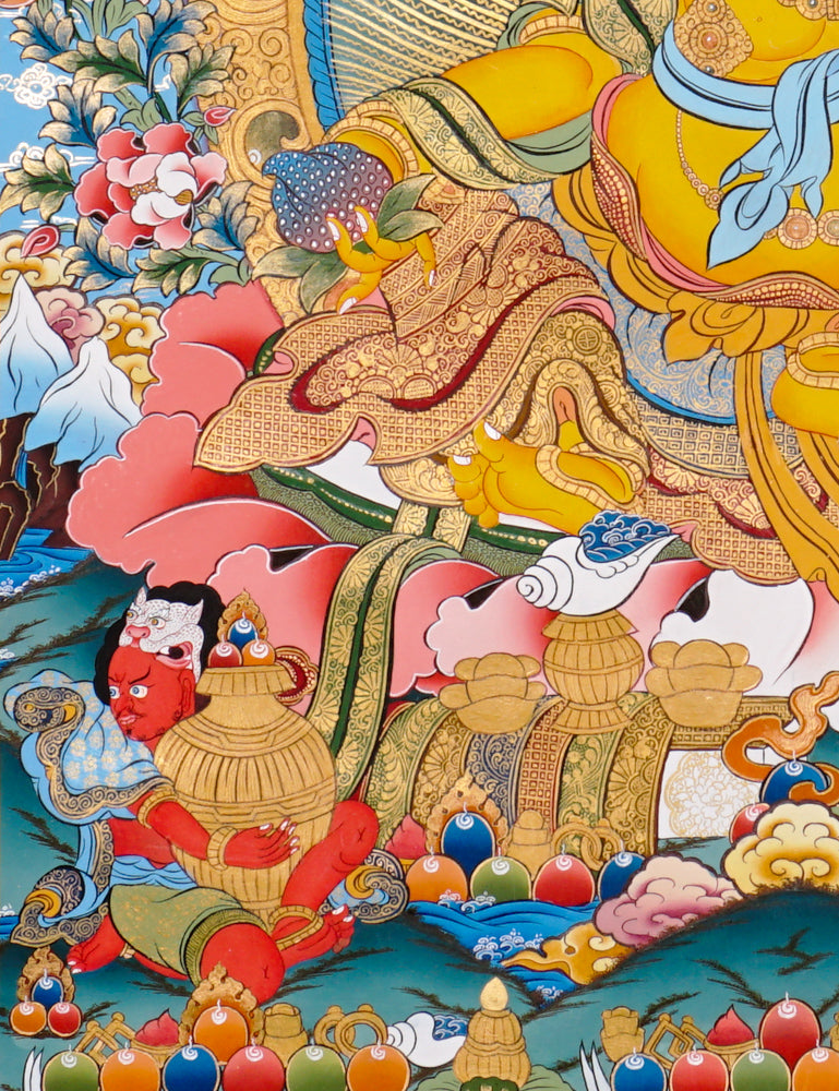 Hand-painted Yellow Zambhala thangka showing wealth deity with mongoose, fruit, and treasure offerings.