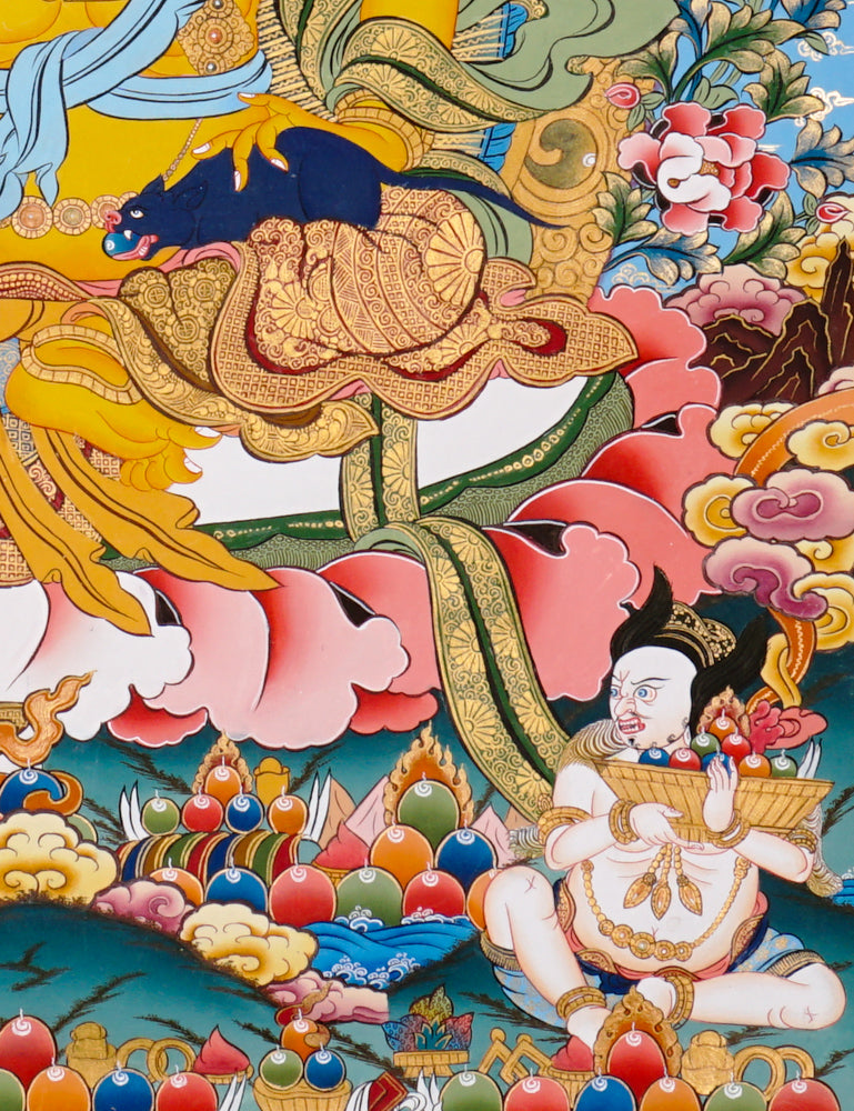 Hand-painted Yellow Zambhala thangka showing wealth deity with mongoose, fruit, and treasure offerings.