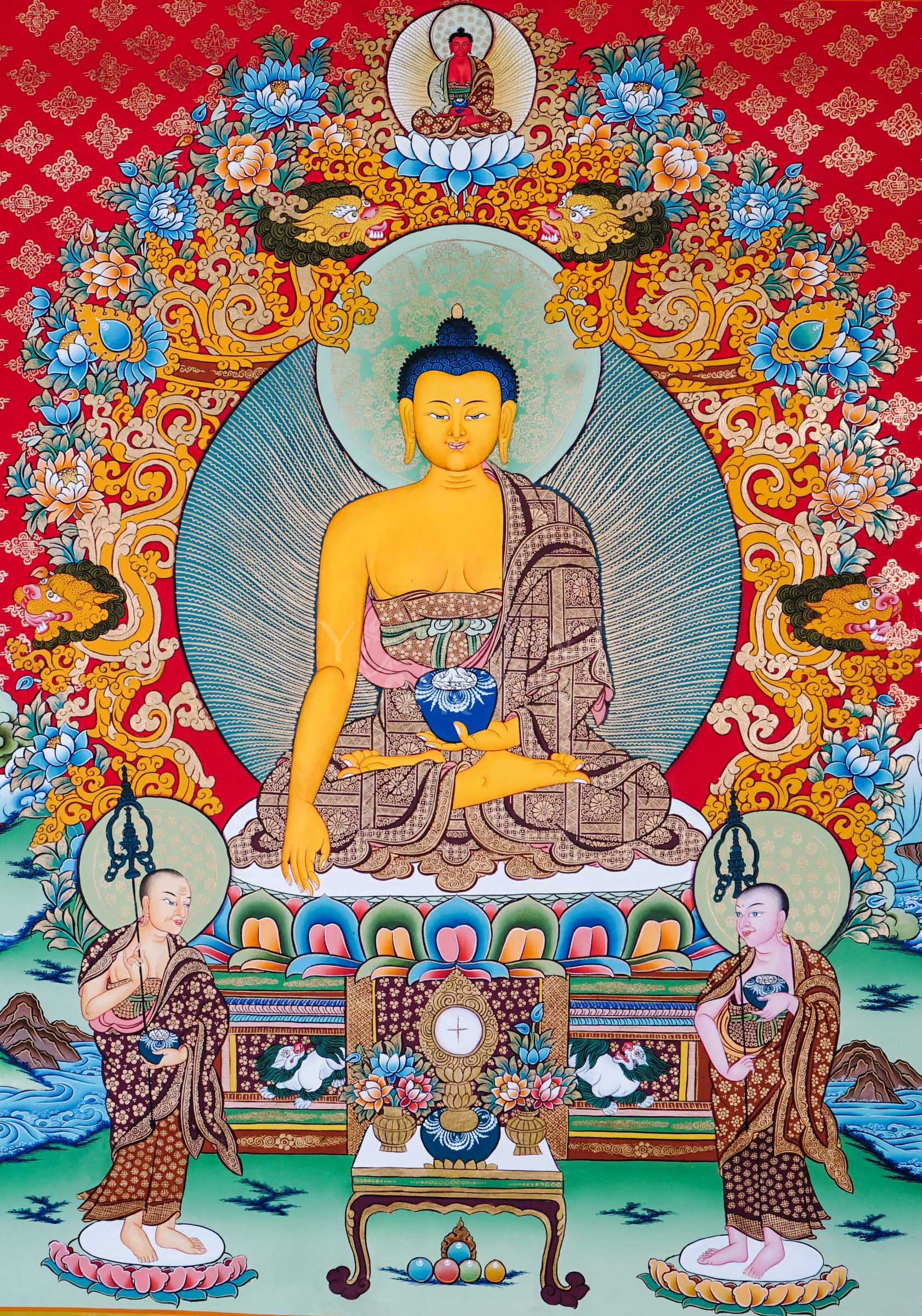 Shakyamuni Buddha thangka featuring the historical Buddha seated on a lotus throne with disciples, Amitabha Buddha, sacred floral ornamentation, and traditional Himalayan Buddhist symbolism