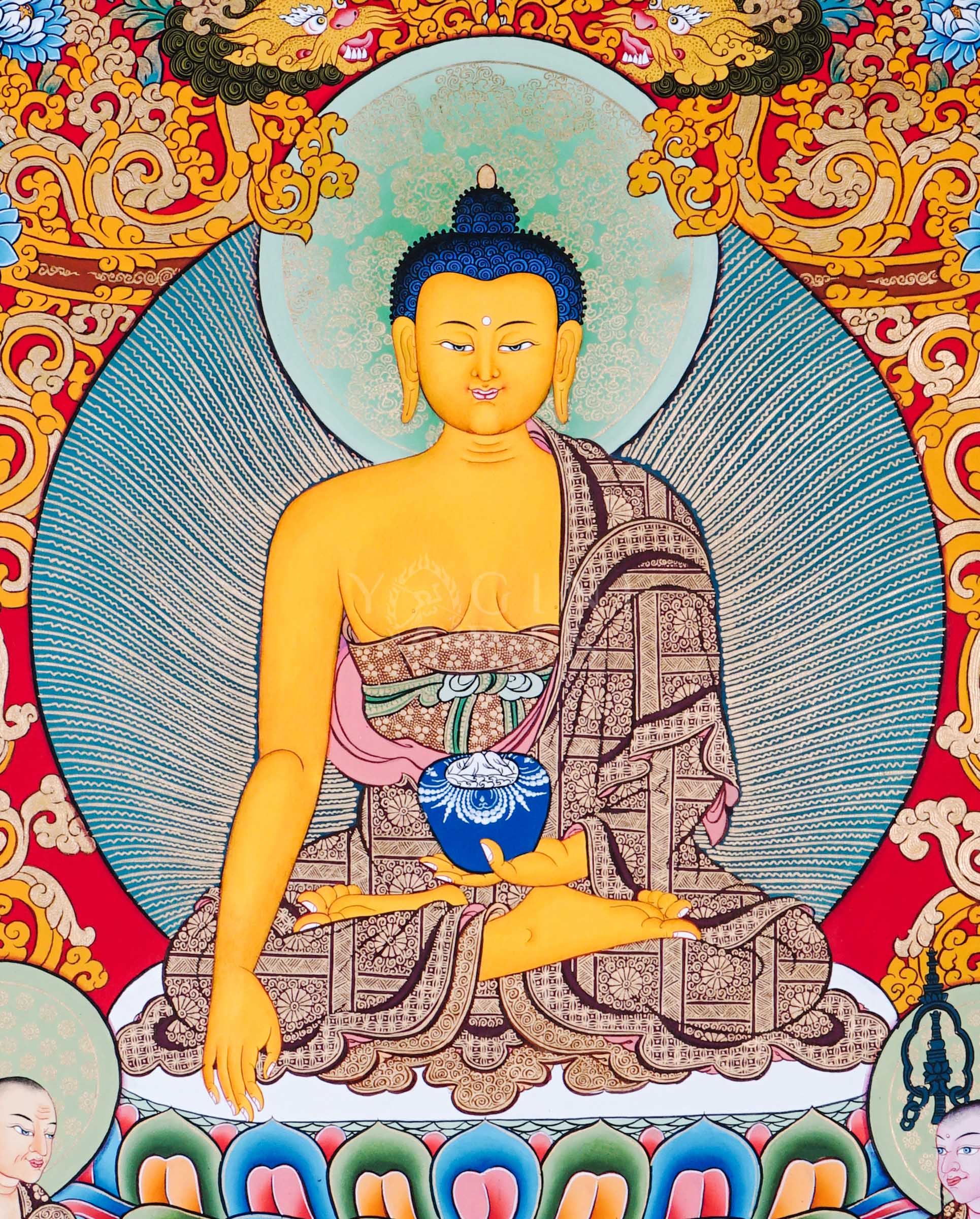 Shakyamuni Buddha thangka featuring the historical Buddha seated on a lotus throne with disciples, Amitabha Buddha, sacred floral ornamentation, and traditional Himalayan Buddhist symbolism