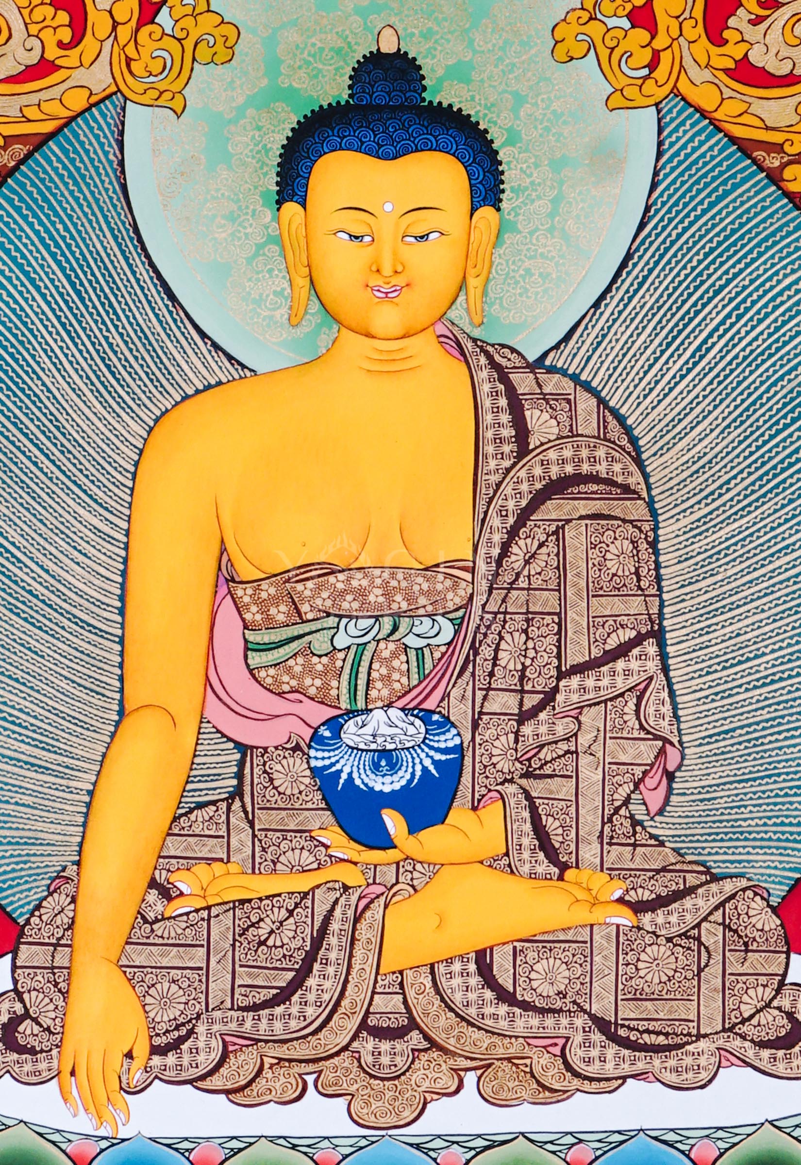 Shakyamuni Buddha thangka featuring the historical Buddha seated on a lotus throne with disciples, Amitabha Buddha, sacred floral ornamentation, and traditional Himalayan Buddhist symbolism