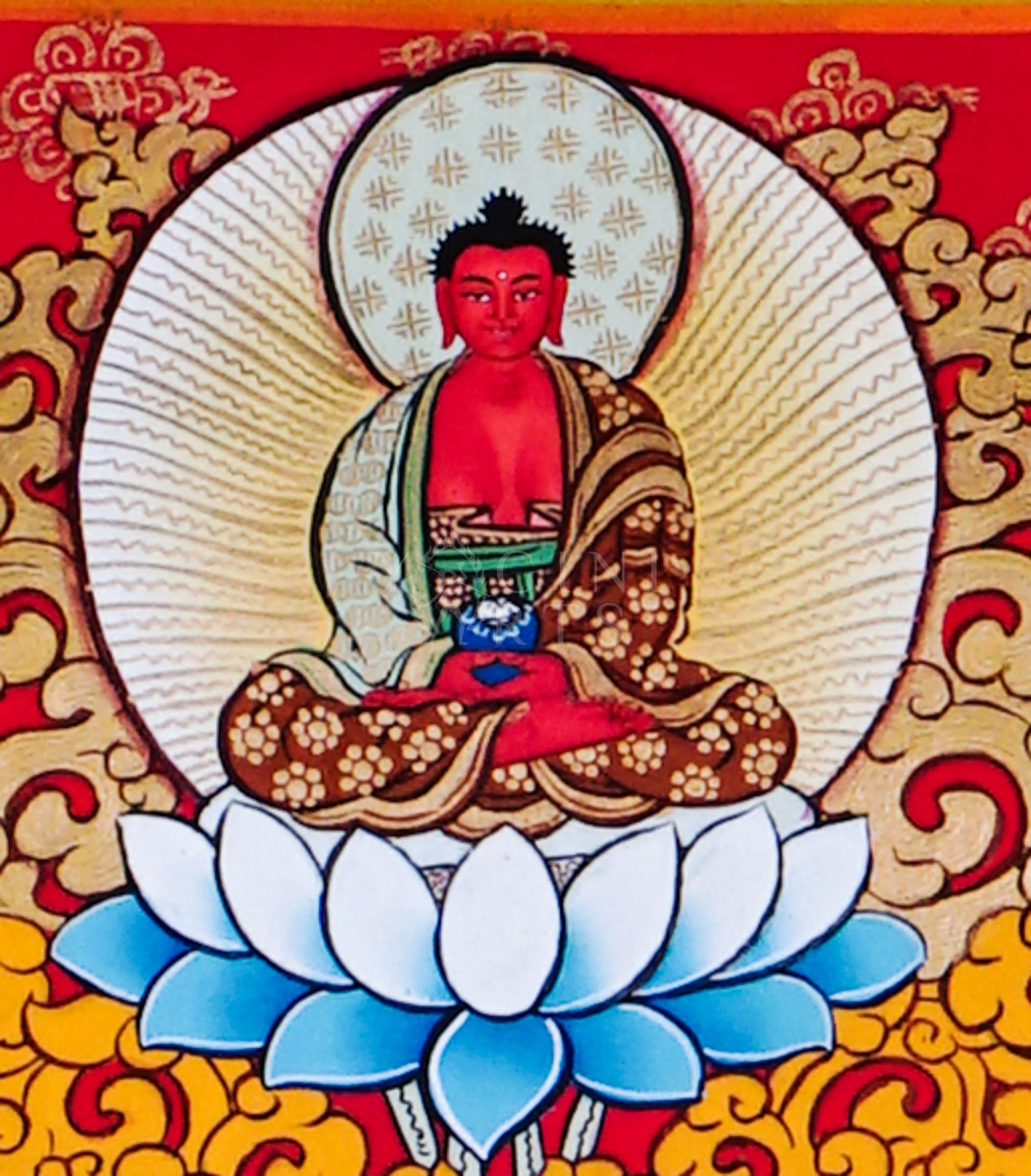 Shakyamuni Buddha thangka featuring the historical Buddha seated on a lotus throne with disciples, Amitabha Buddha, sacred floral ornamentation, and traditional Himalayan Buddhist symbolism