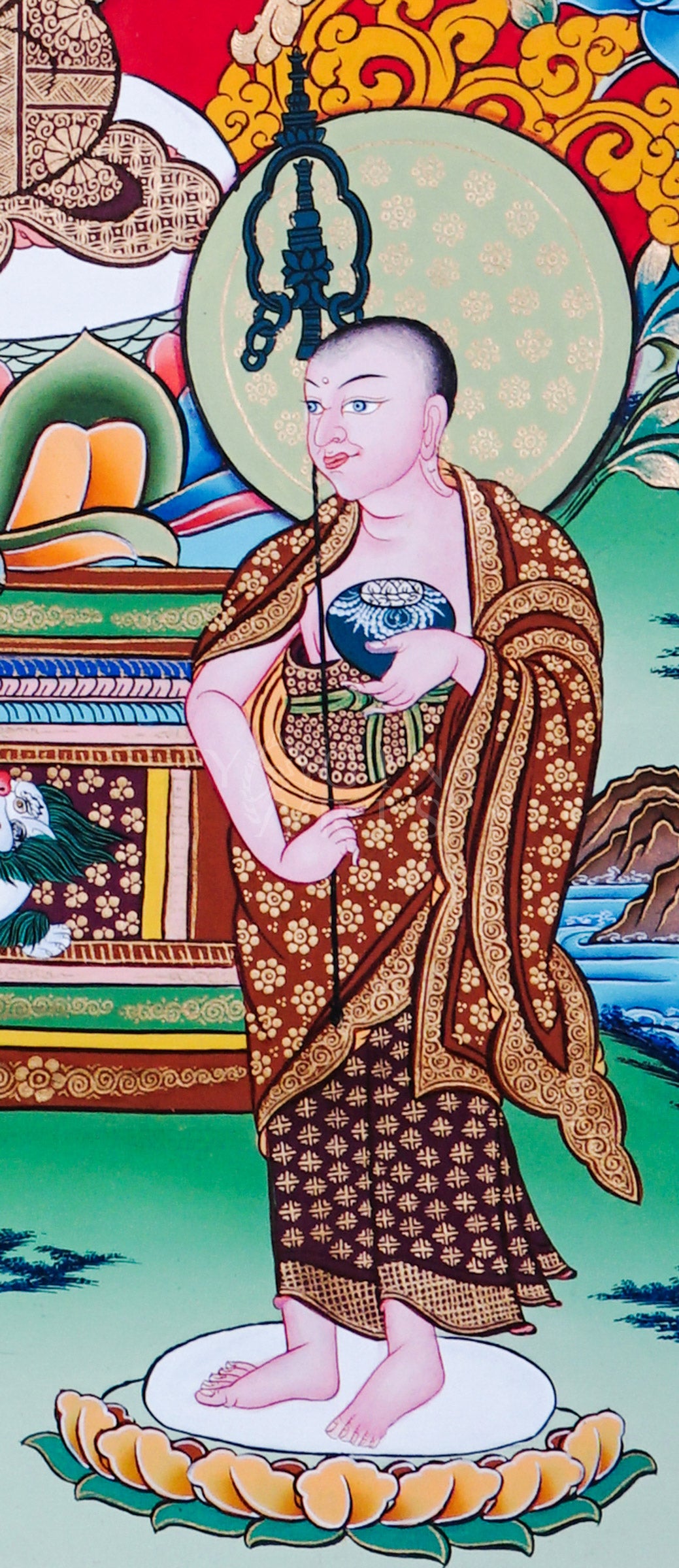 Shakyamuni Buddha thangka featuring the historical Buddha seated on a lotus throne with disciples, Amitabha Buddha, sacred floral ornamentation, and traditional Himalayan Buddhist symbolism