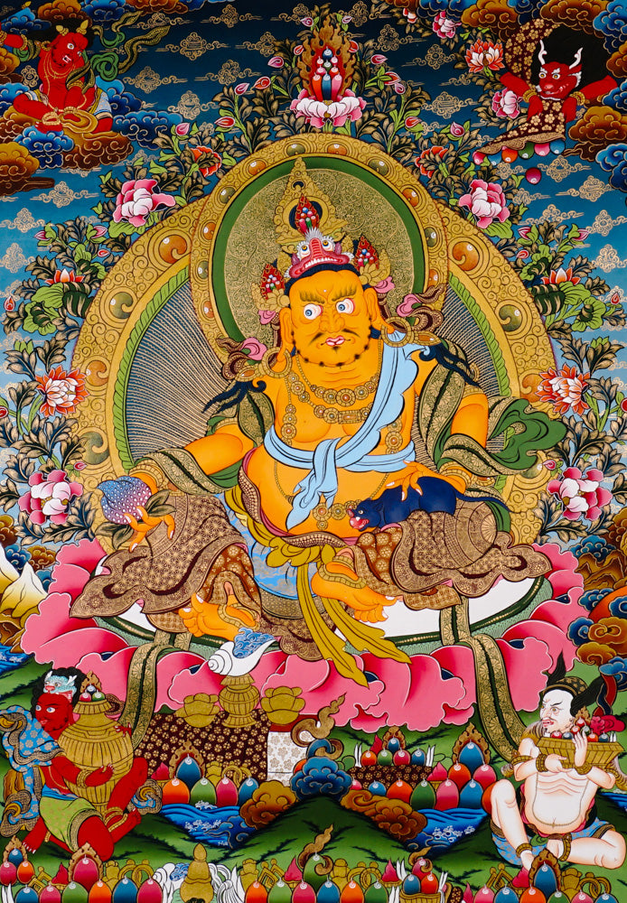 Yellow Zambhala thangka with attendants offering treasures and wealth symbols.