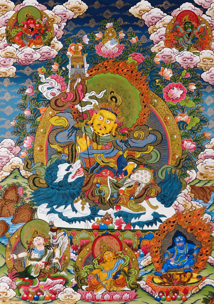 Hand-painted Singh Zambhala thangka showing wealth deity riding a snow lion, holding mongoose, surrounded by vibrant clouds and offerings.