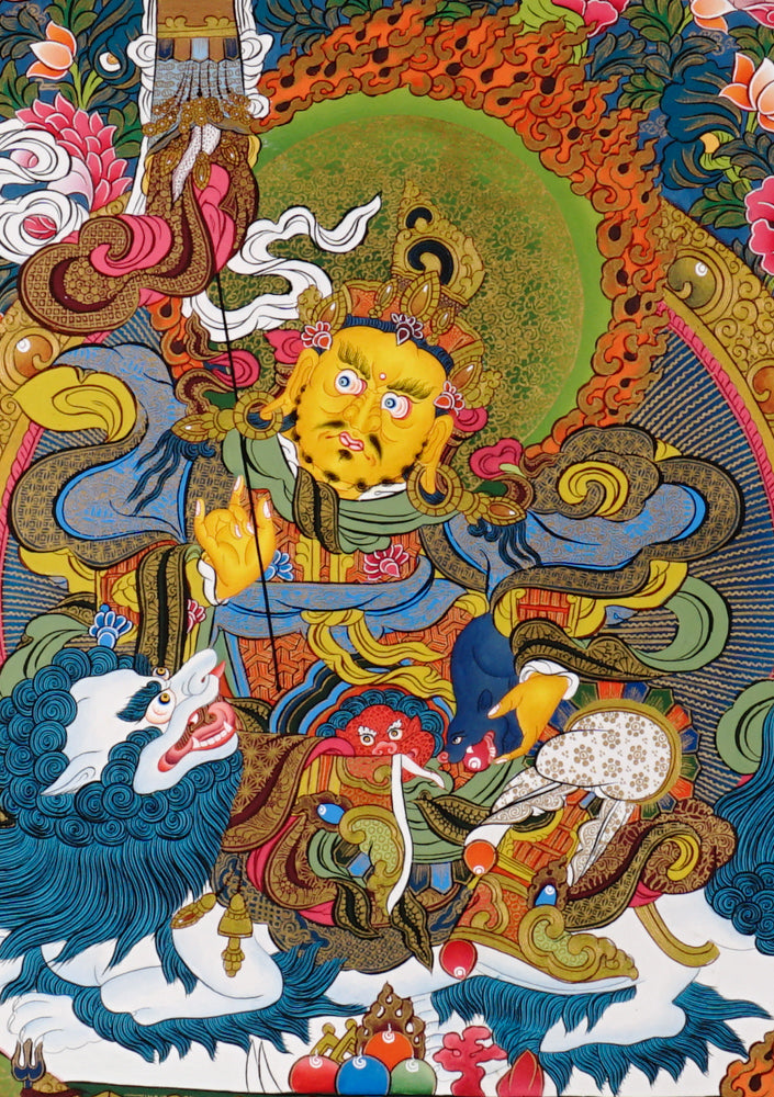 Hand-painted Singh Zambhala thangka showing wealth deity riding a snow lion, holding mongoose, surrounded by vibrant clouds and offerings.