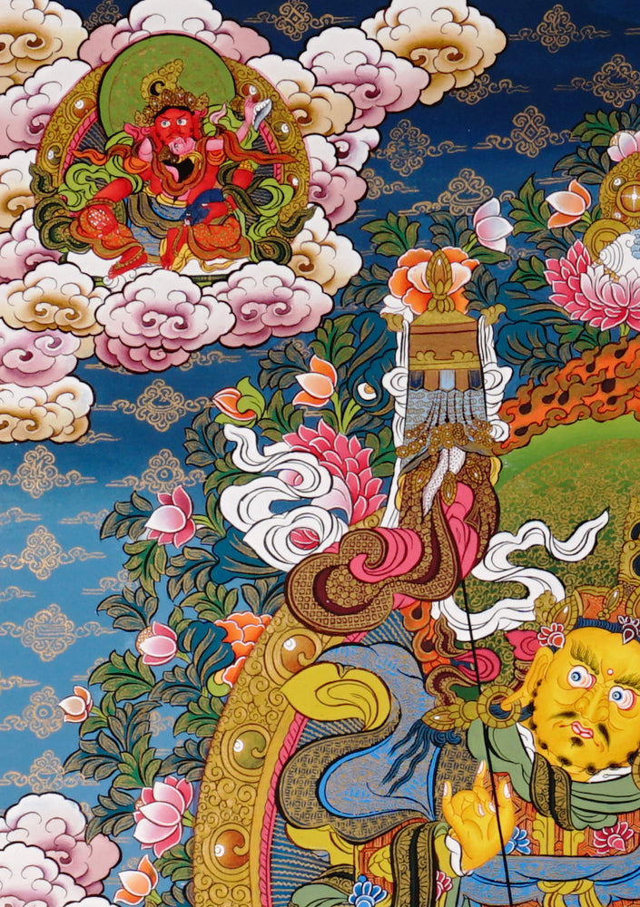 Hand-painted Singh Zambhala thangka showing wealth deity riding a snow lion, holding mongoose, surrounded by vibrant clouds and offerings.