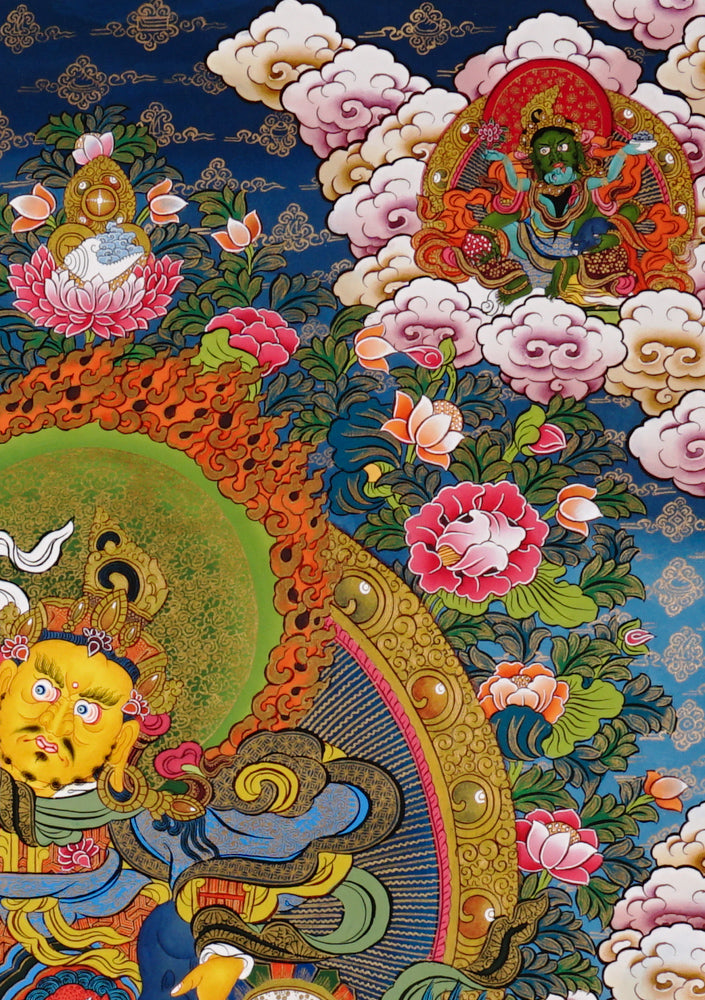 Hand-painted Singh Zambhala thangka showing wealth deity riding a snow lion, holding mongoose, surrounded by vibrant clouds and offerings.
