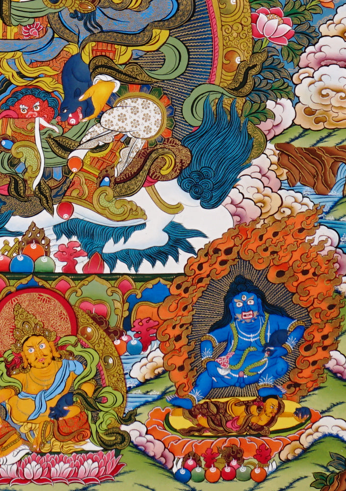 Hand-painted Singh Zambhala thangka showing wealth deity riding a snow lion, holding mongoose, surrounded by vibrant clouds and offerings.