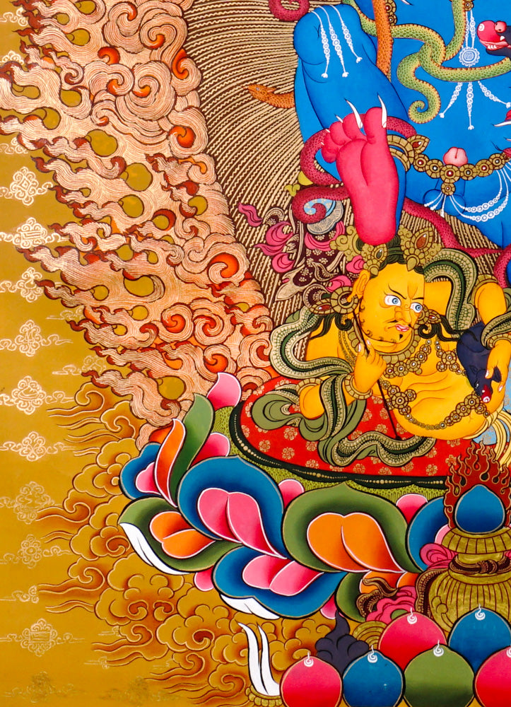 Black Zambhala wrathful thangka with flames, mongoose, and subdued figure symbolizing obstacle removal.
