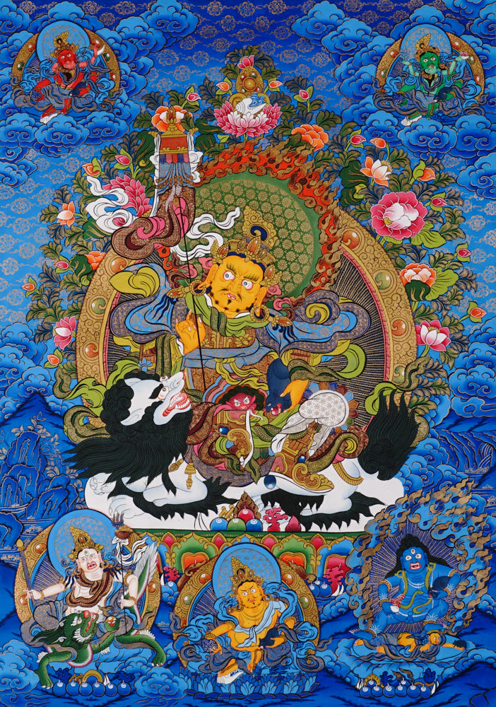 Hand-painted Singh Zambhala thangka with blue background, showing wealth deity riding snow lion and holding mongoose.