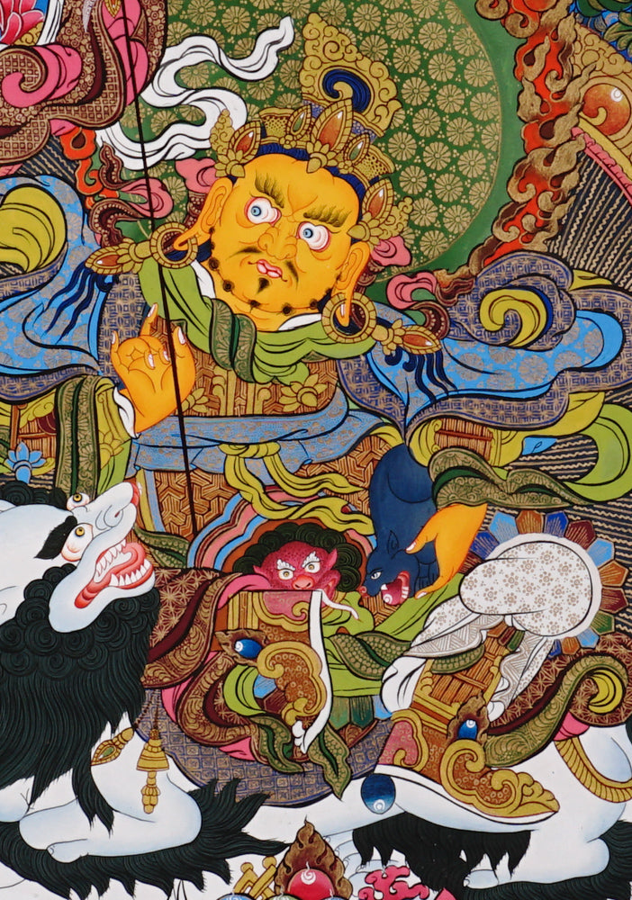 Hand-painted Singh Zambhala thangka with blue background, showing wealth deity riding snow lion and holding mongoose.
