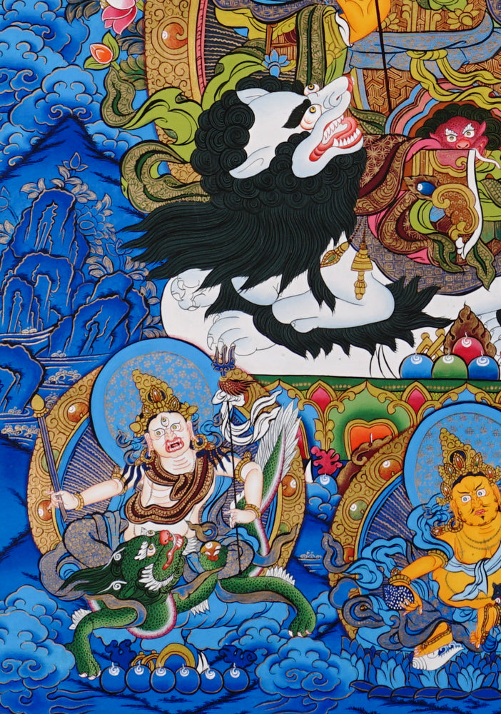 Hand-painted Singh Zambhala thangka with blue background, showing wealth deity riding snow lion and holding mongoose.