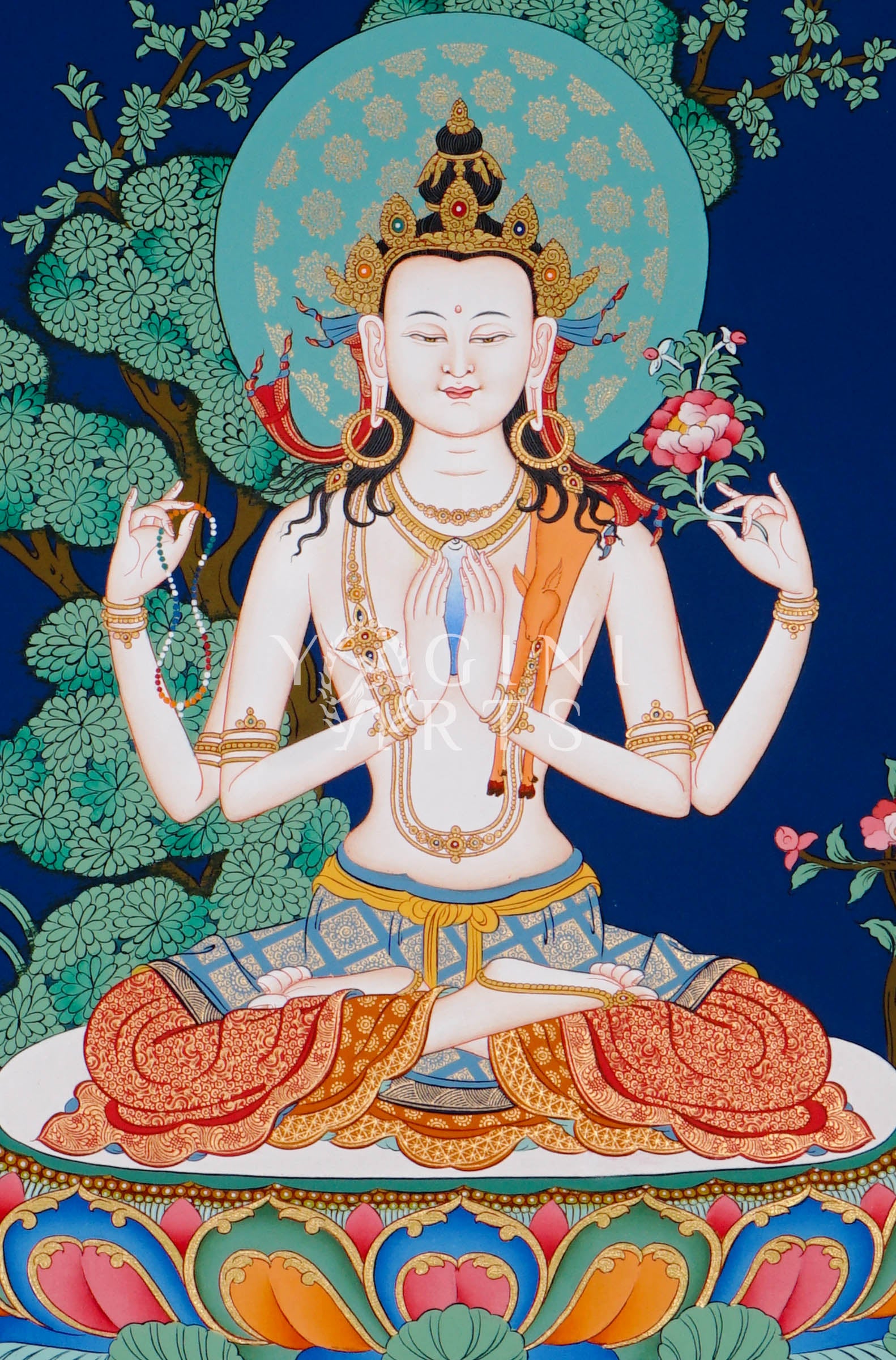 Hand-painted Chenrezig thangka featuring the four-armed Avalokiteshvara seated on a lotus throne with mala beads and lotus flower against a deep blue background