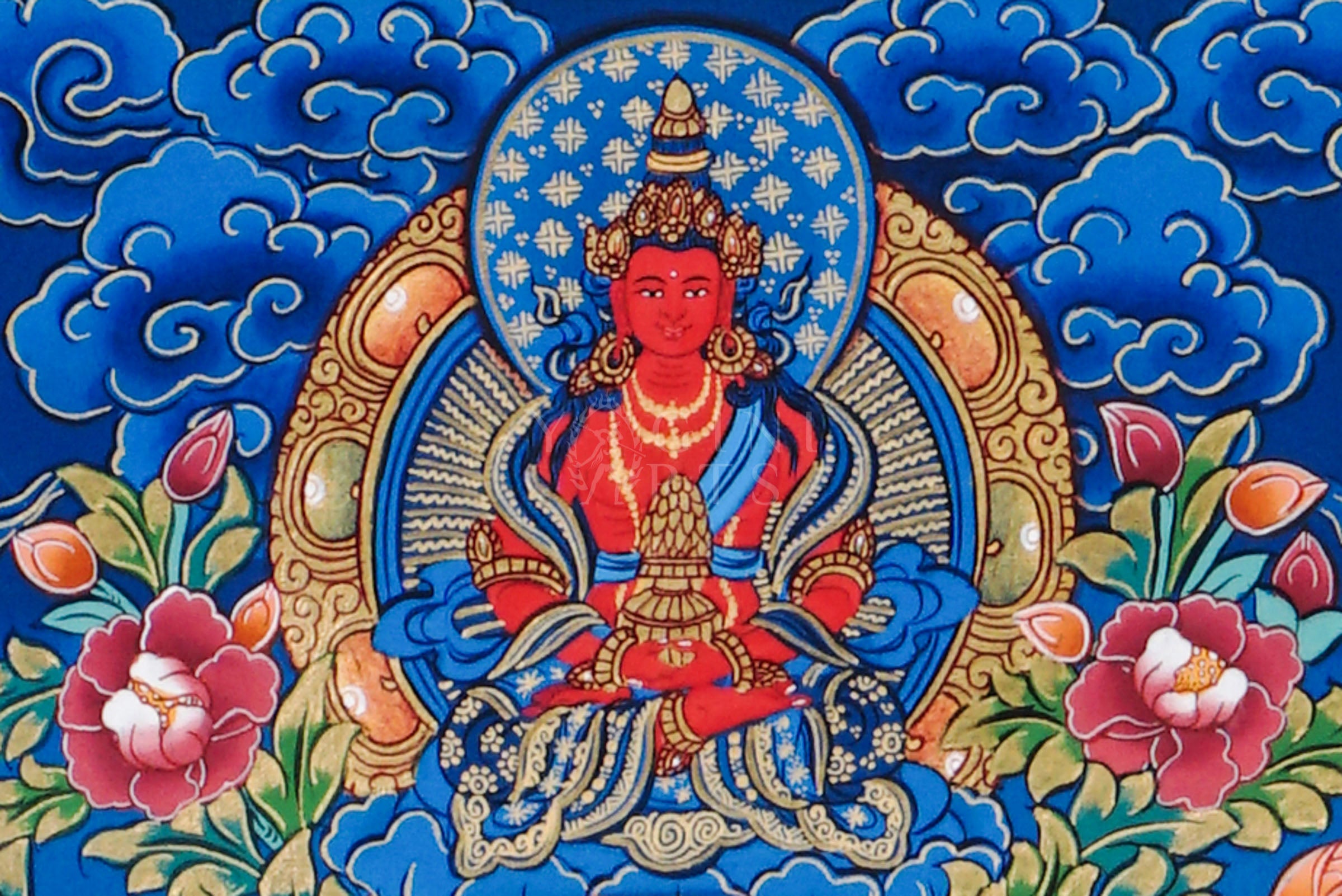 Hand-painted Tibetan thangka of Fusen Fusa (Samantabhadra Bodhisattva) seated on a sacred white elephant surrounded by lotus flowers, celestial deities, and traditional Himalayan Buddhist symbolism
