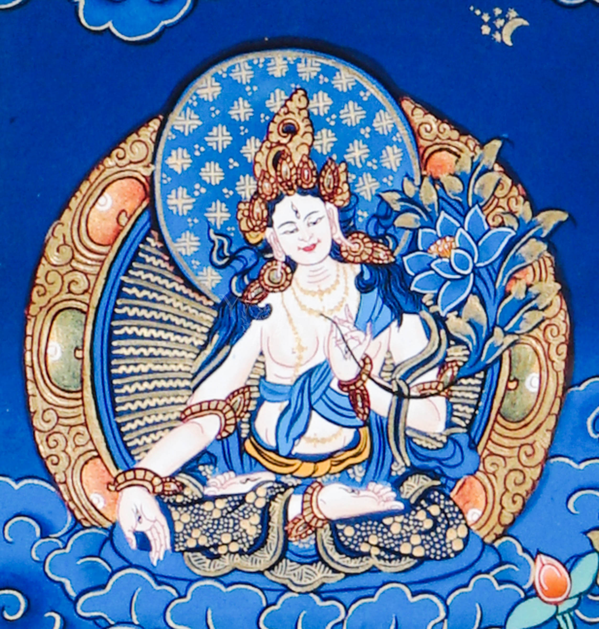 Hand-painted Tibetan thangka of Fusen Fusa (Samantabhadra Bodhisattva) seated on a sacred white elephant surrounded by lotus flowers, celestial deities, and traditional Himalayan Buddhist symbolism