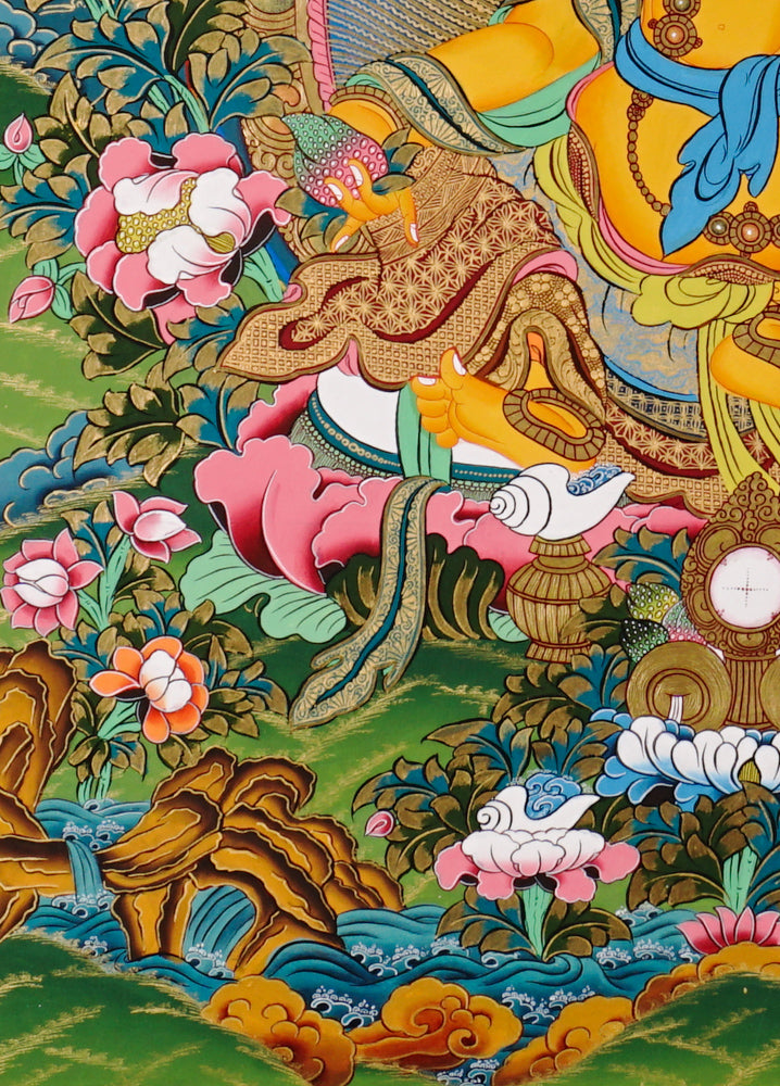 Hand-painted Yellow Zambhala thangka showing wealth deity seated on lotus with mongoose and rainbow halo.