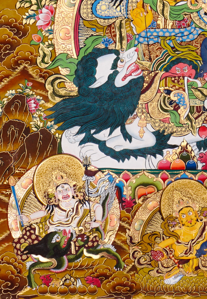 Singh Zambhala thangka with lion mount, attendants, and wealth symbolism.