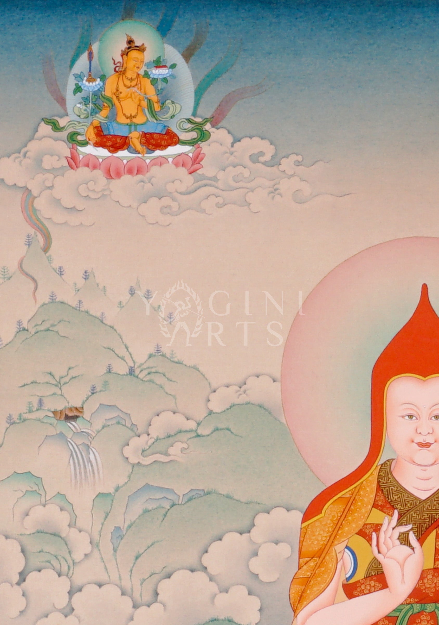 Hand-painted Tibetan thangka featuring Je Tsongkhapa seated on a lotus throne with disciples and Manjushree in a peaceful Himalayan landscape