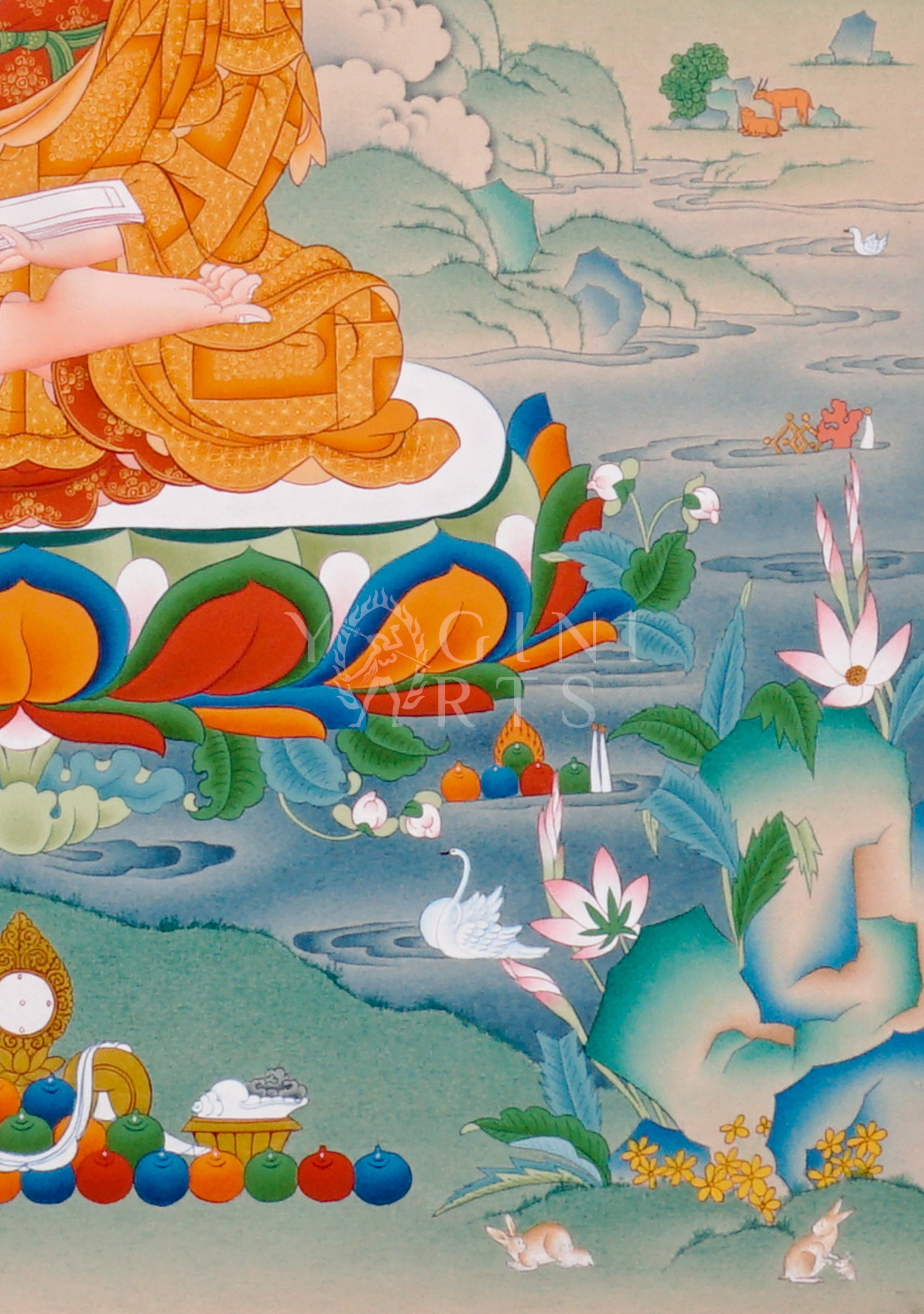 Hand-painted Tibetan thangka featuring Je Tsongkhapa seated on a lotus throne with disciples and Manjushree in a peaceful Himalayan landscape