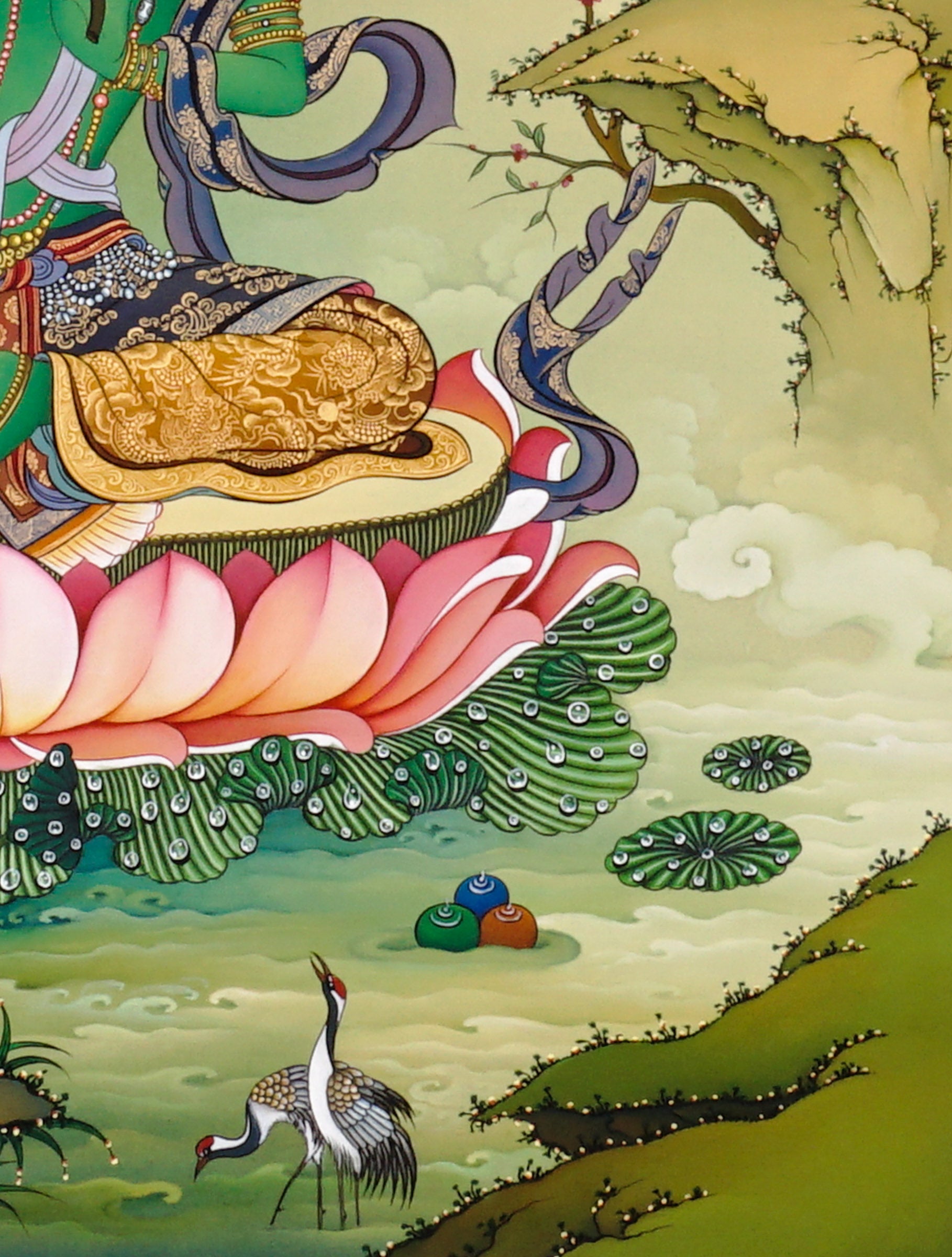 Hand-painted Green Tara thangka showing Tibetan Buddhist goddess seated on lotus throne holding blue utpala lotus, with Amitabha above and Himalayan landscape background.