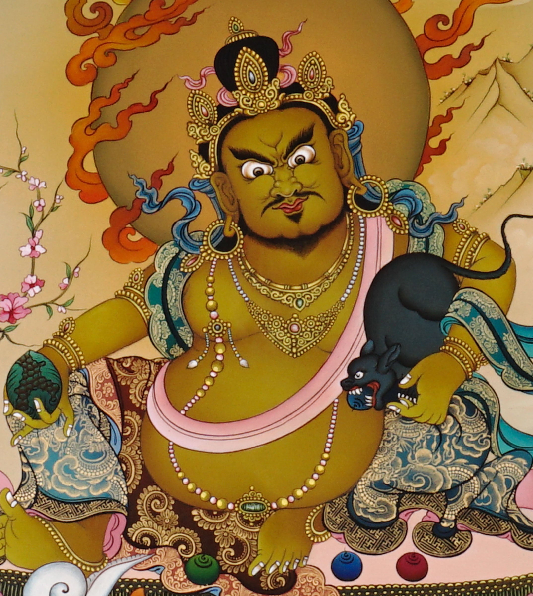 Hand-Painted Yellow Dzambhala Thangka – Tibetan Wealth Deity with Flaming Halo