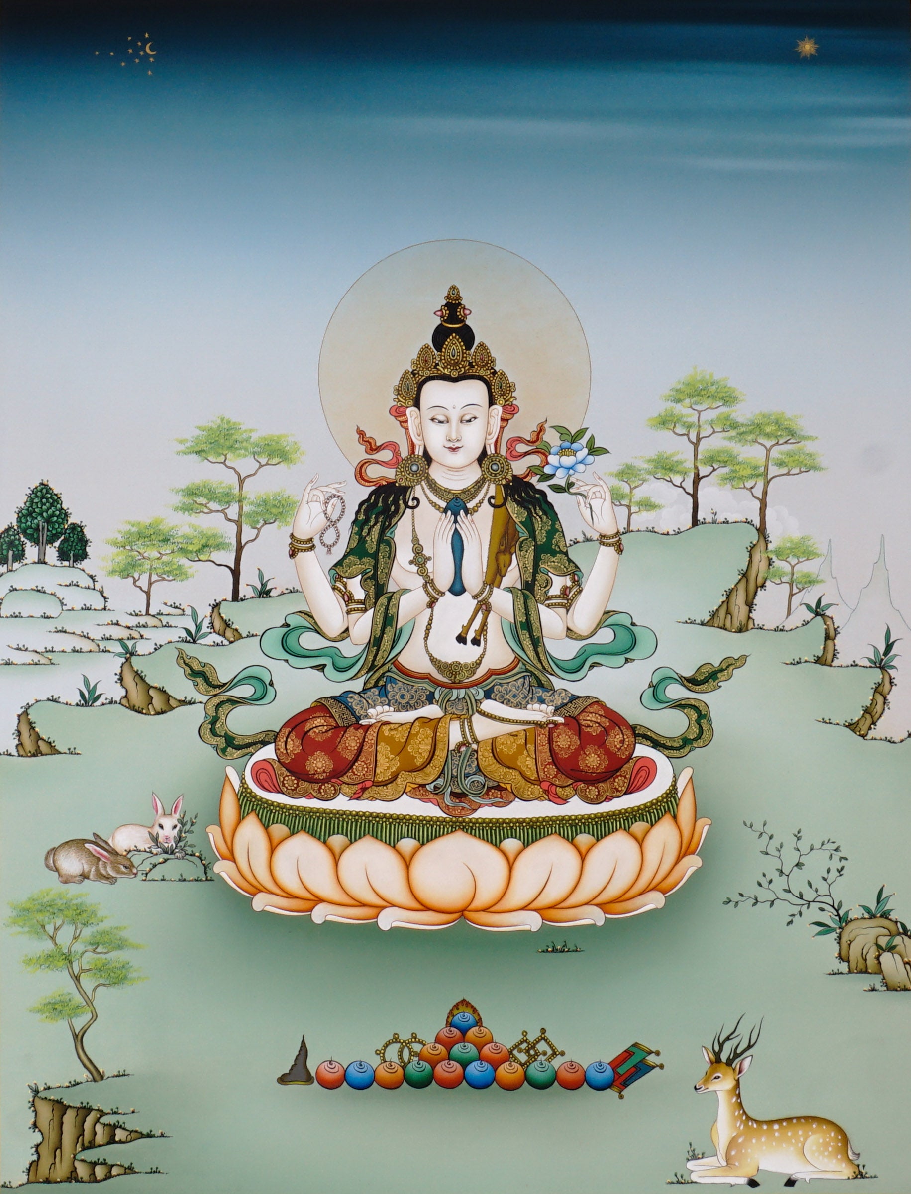 Hand-painted Chenrezig thangka showing four-armed Avalokiteshvara seated on lotus throne holding mala and lotus with Amitabha above in peaceful Himalayan landscape.