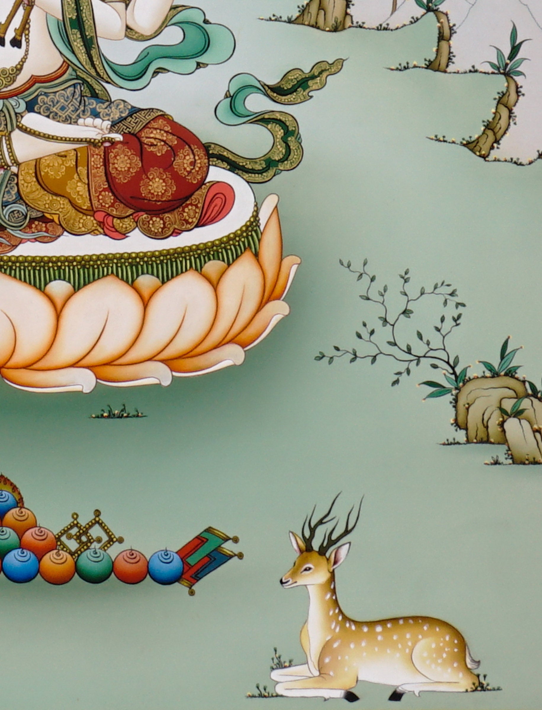 Hand-painted Chenrezig thangka showing four-armed Avalokiteshvara seated on lotus throne holding mala and lotus with Amitabha above in peaceful Himalayan landscape.