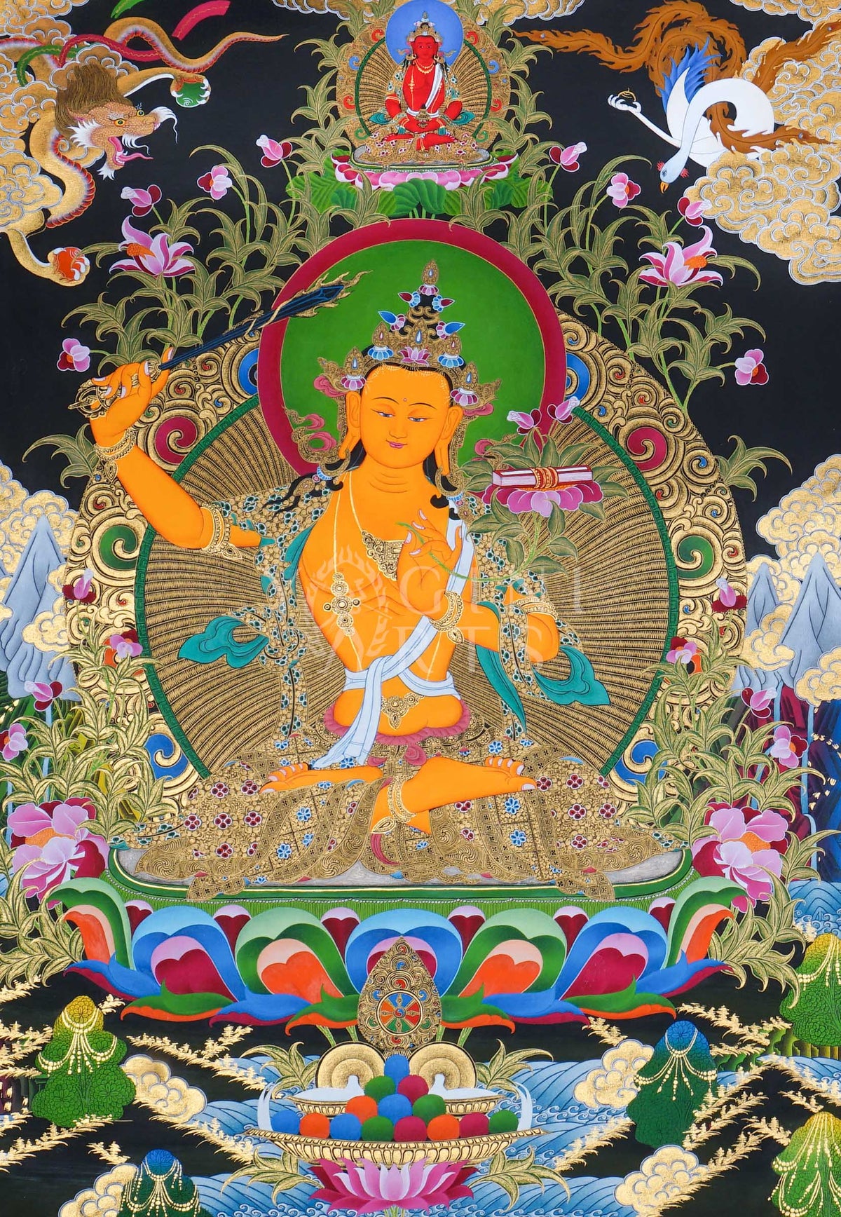 Hand-painted Manjushri Thangka depicting the Bodhisattva of Wisdom holding the Flaming Sword and Prajnaparamita Sutra with natural mineral pigments and gold detailing.