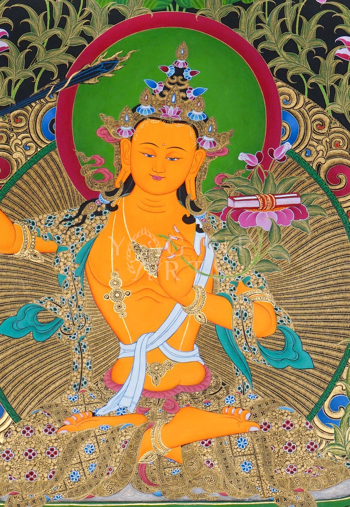 Hand-painted Manjushri Thangka depicting the Bodhisattva of Wisdom holding the Flaming Sword and Prajnaparamita Sutra with natural mineral pigments and gold detailing.