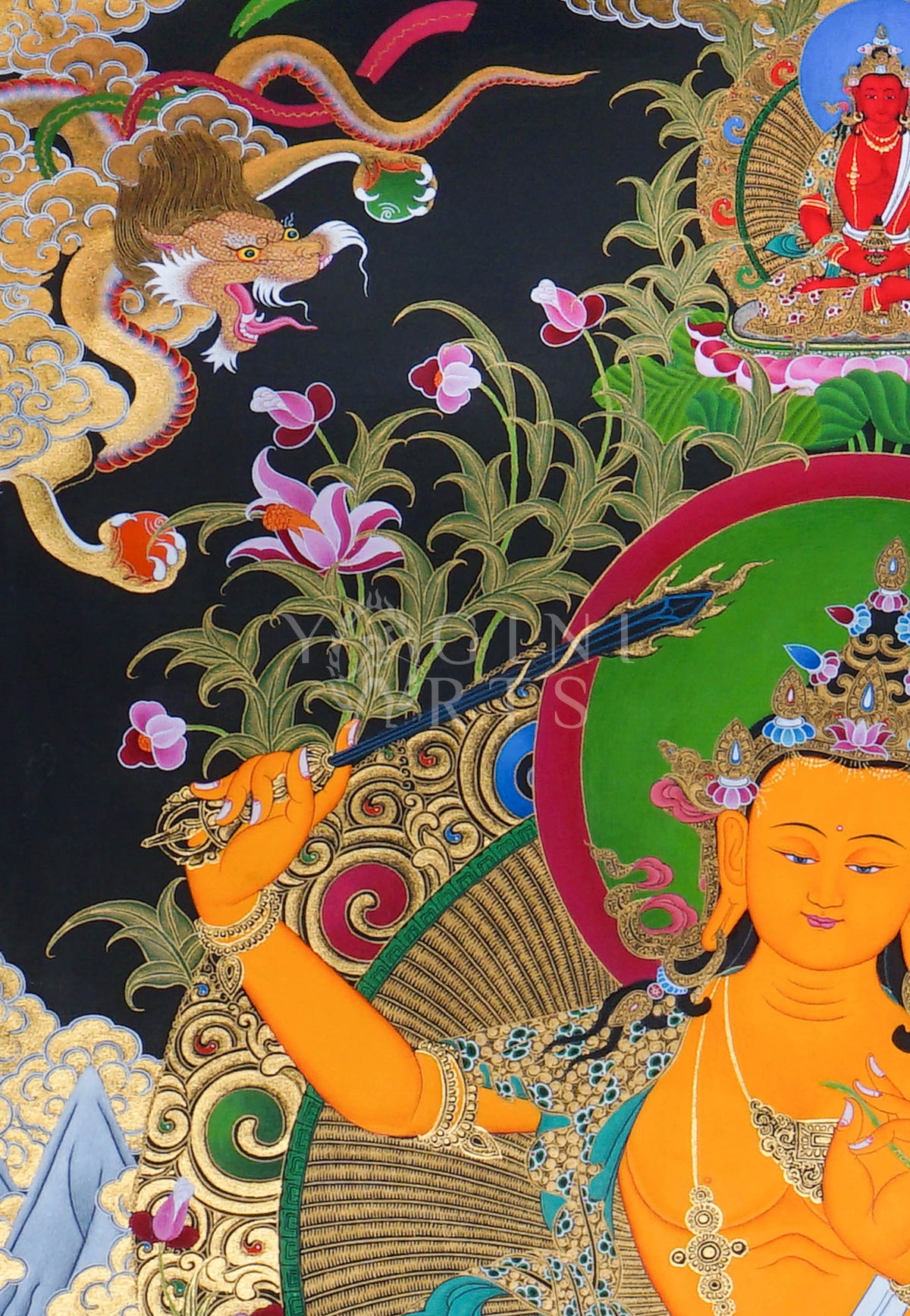 Hand-painted Manjushri Thangka depicting the Bodhisattva of Wisdom holding the Flaming Sword and Prajnaparamita Sutra with natural mineral pigments and gold detailing.