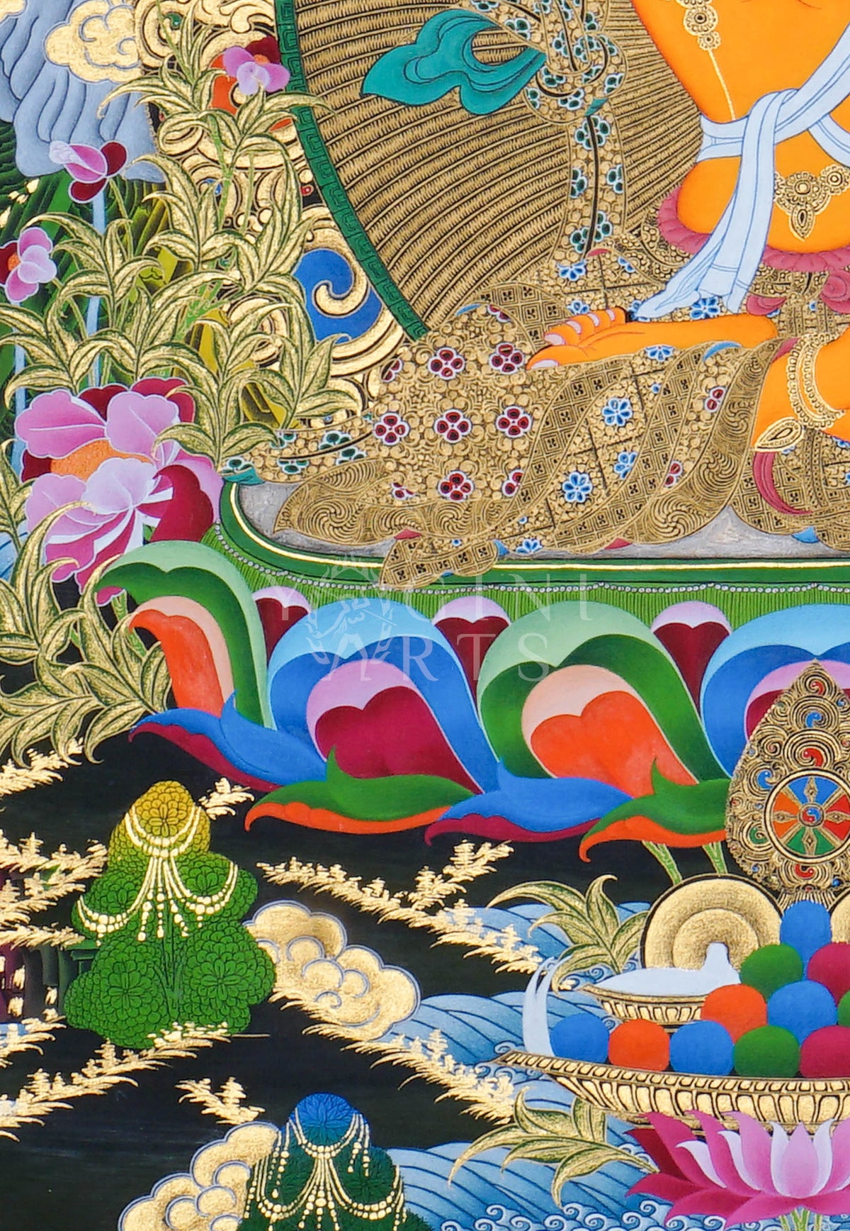 Hand-painted Manjushri Thangka depicting the Bodhisattva of Wisdom holding the Flaming Sword and Prajnaparamita Sutra with natural mineral pigments and gold detailing.