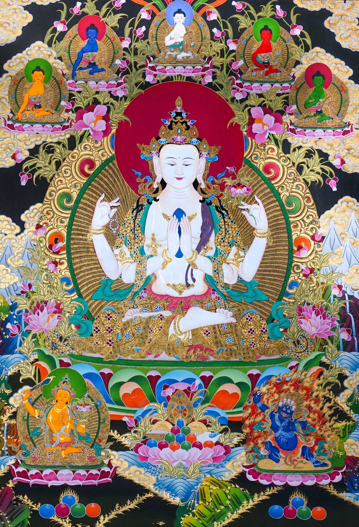 Hand-painted Four-Armed Chenrezig Thangka featuring Avalokiteshvara with the Five Dhyani Buddhas, Manjushri, Mahakala, natural mineral pigments, and gold detailing.